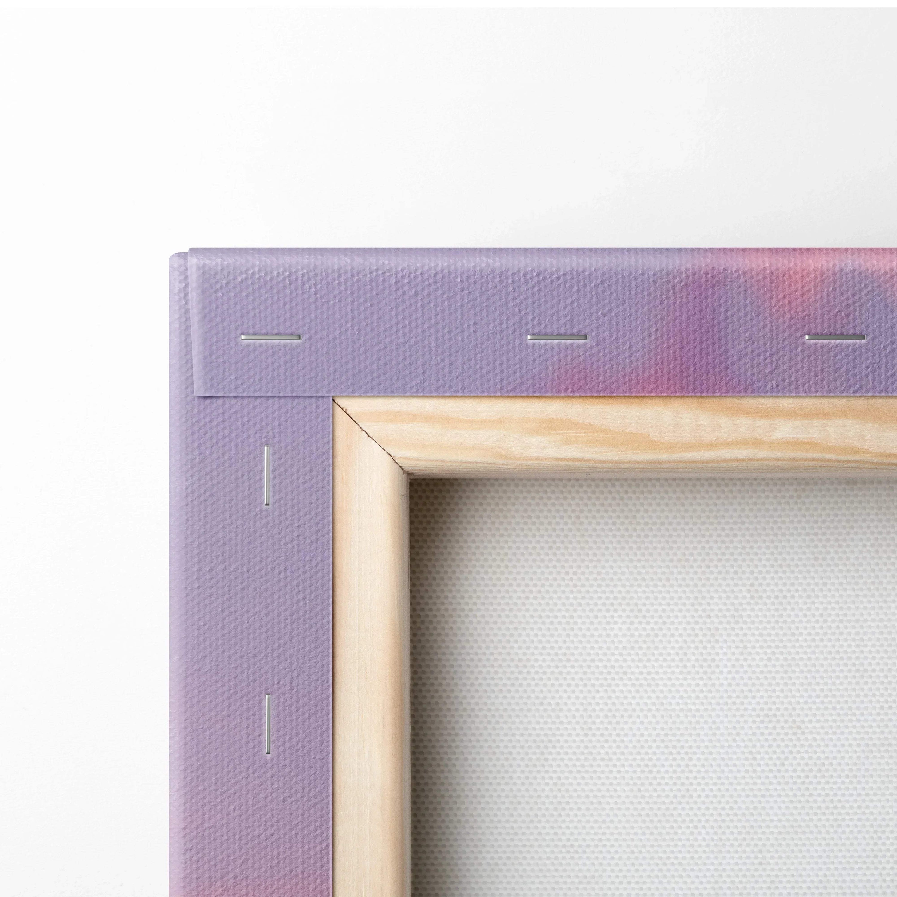 Close-up of purple canvas wall art corner with natural wood stretcher bar and visible staples.