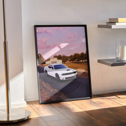 Framed Dodge Challenger wall art poster with white muscle car on scenic road at sunset.