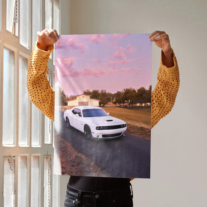 Dodge Challenger poster featuring white muscle car on country road under pink sky wall art.