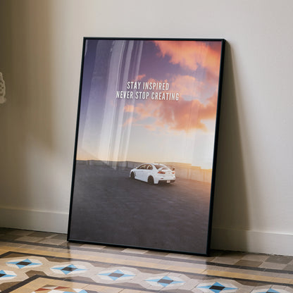 Motivational wall art poster with white Mitsubishi Evo 10 under colorful sunset sky and inspiring text.