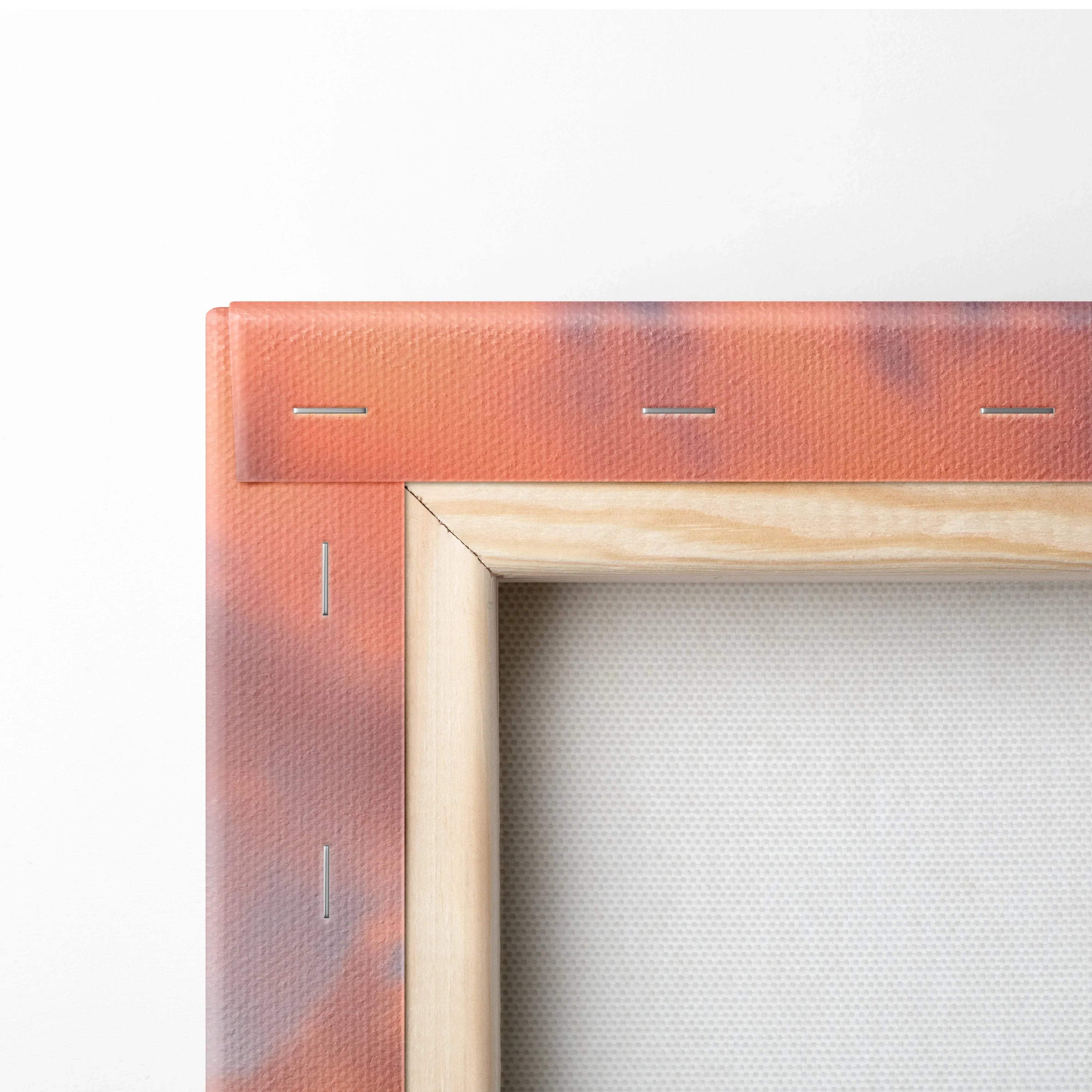 Close-up of wooden frame and canvas texture on vertical wall art canvas print.