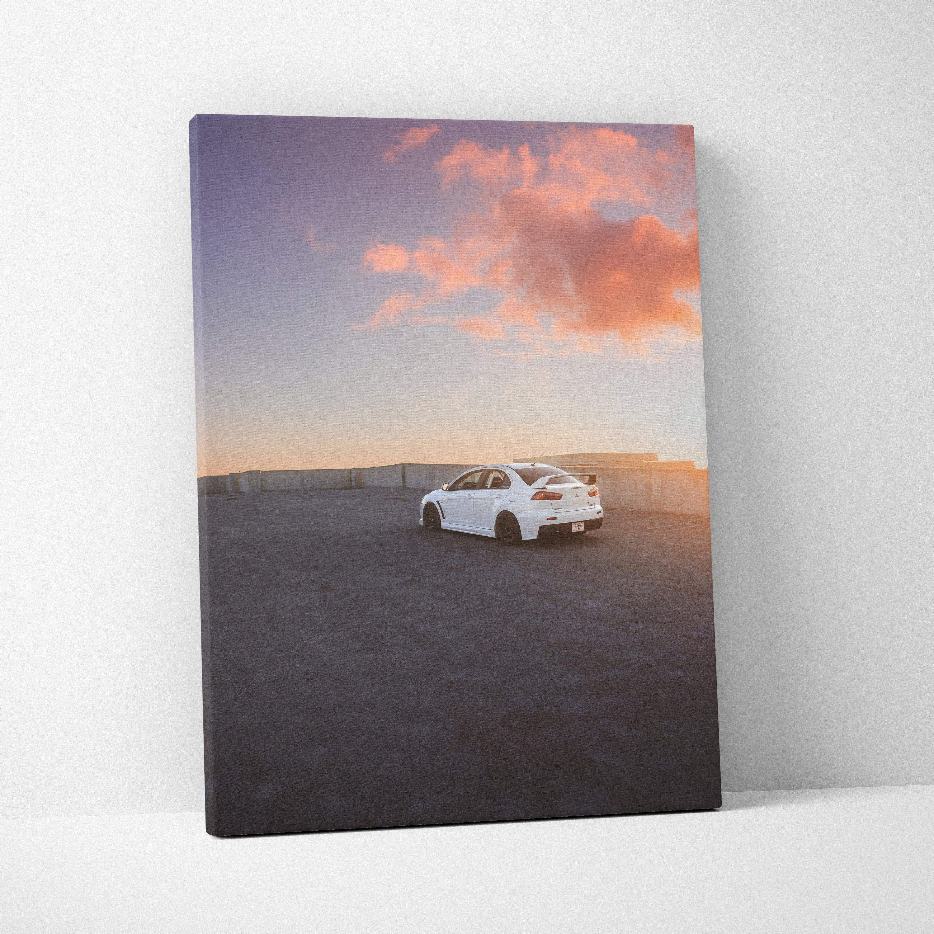 Mitsubishi Evo 10 white car on asphalt during sunset canvas wall art vertical canvas art.