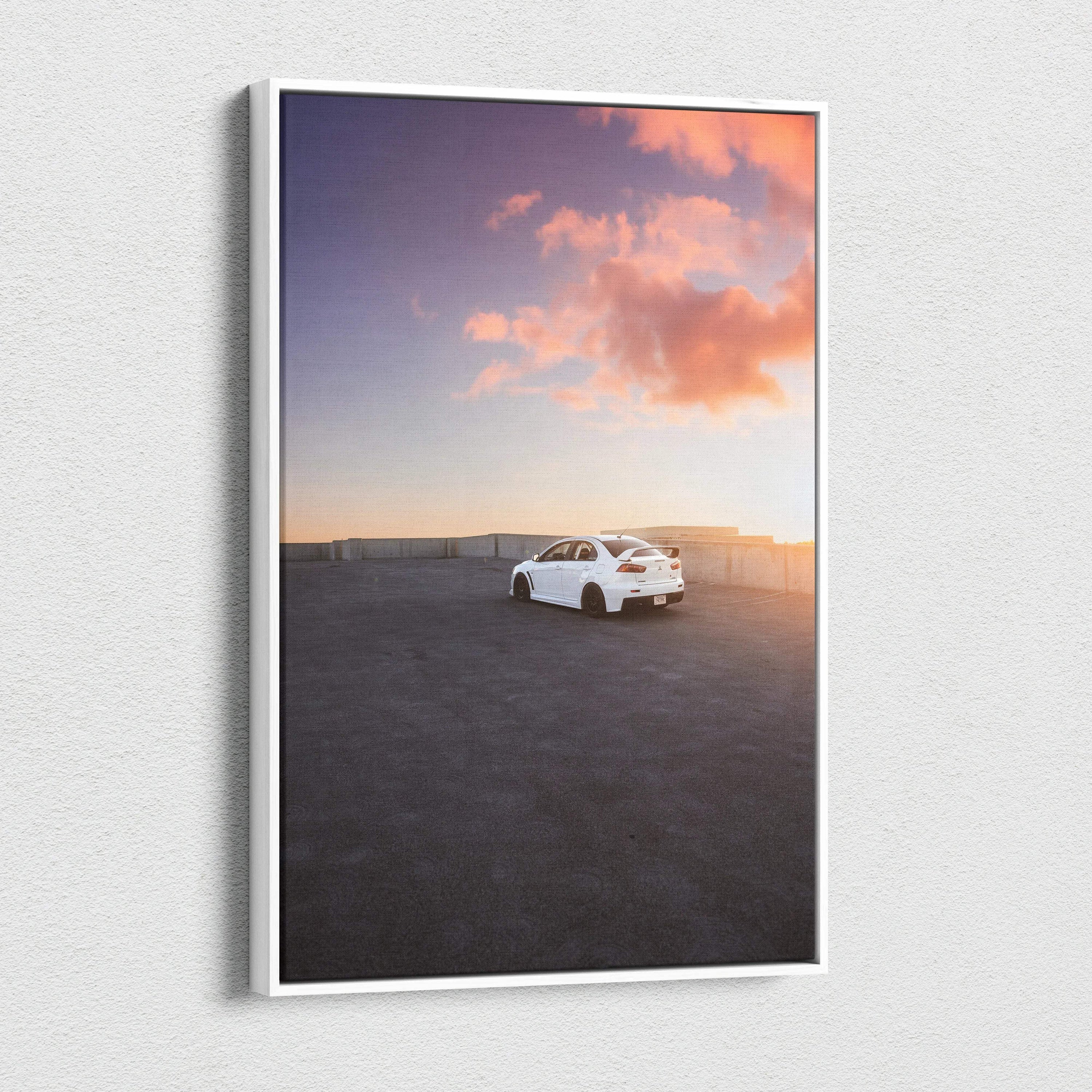 Mitsubishi Evo 10 canvas art with sunset sky and car on asphalt, vertical wall art print.