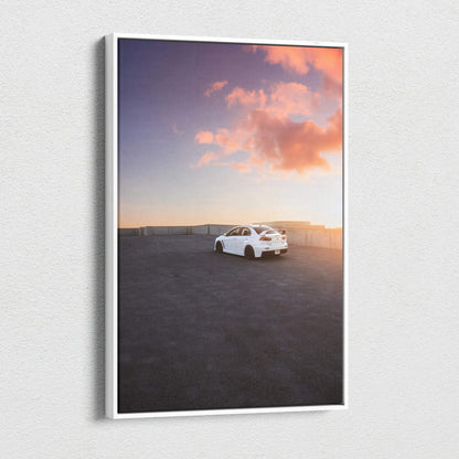 Mitsubishi Evo 10 canvas art with sunset sky and car on asphalt, vertical wall art print.