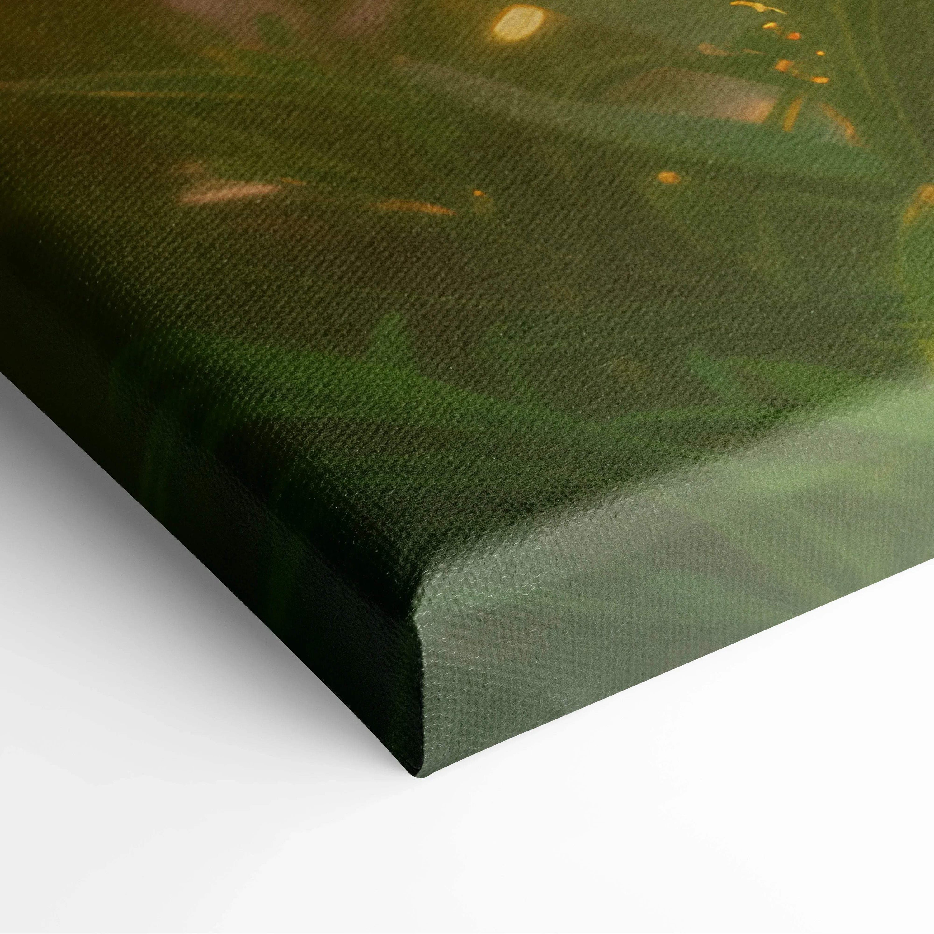 Close-up of canvas wall art corner showing vibrant floral design with daisies and mountain sunset decor.