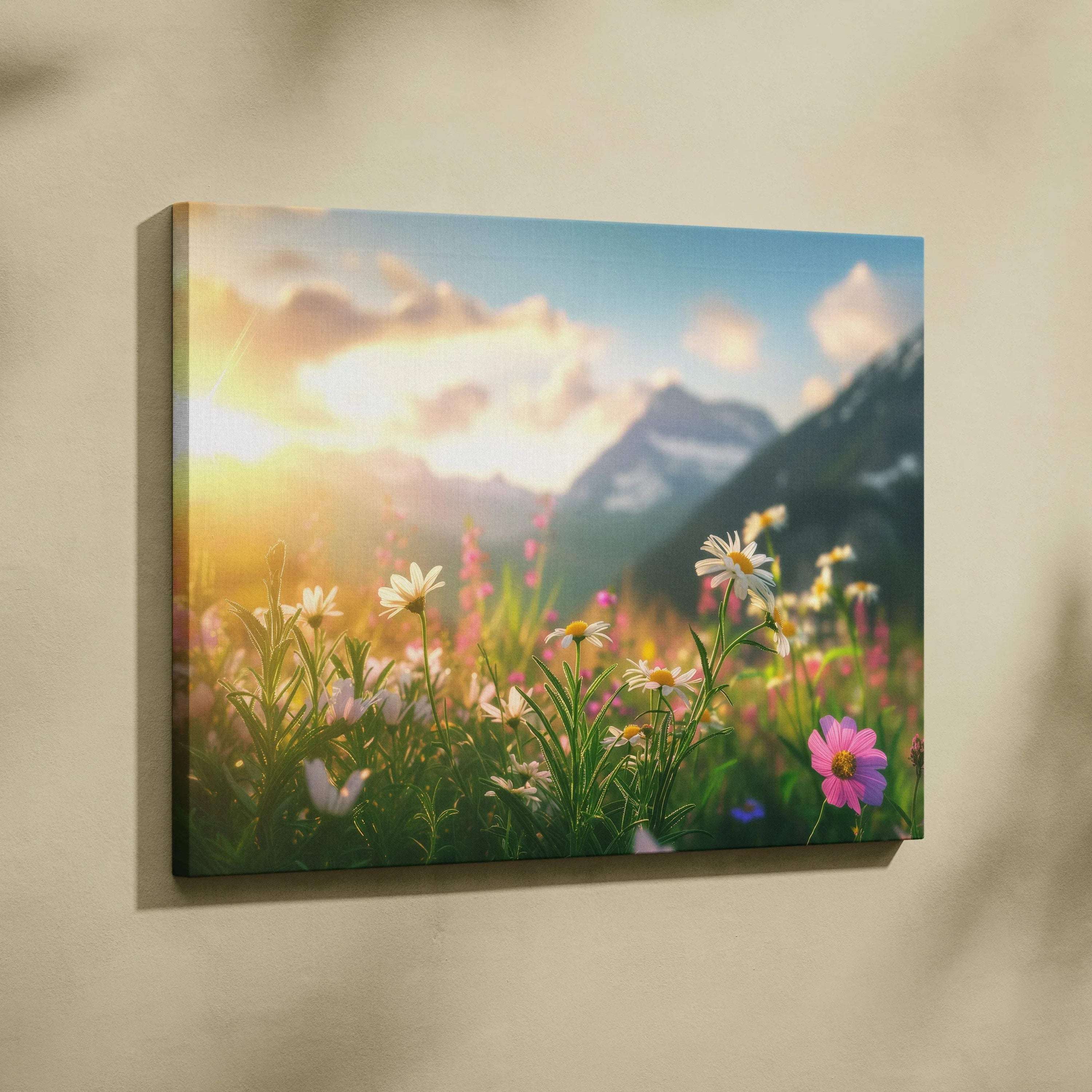 Canvas wall art featuring vibrant daisies and wildflowers with a glowing sunset and majestic mountains in the background.