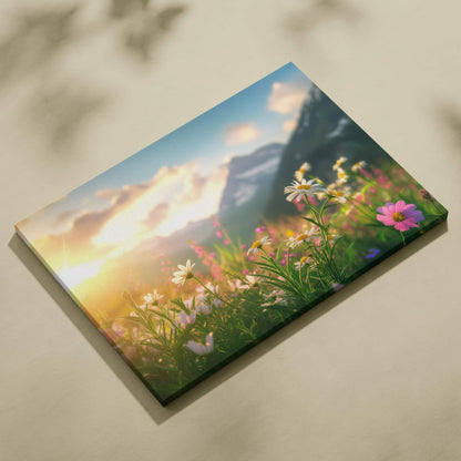 Canvas wall art featuring vibrant daisies and wildflowers with a glowing sunset and majestic mountains backdrop.