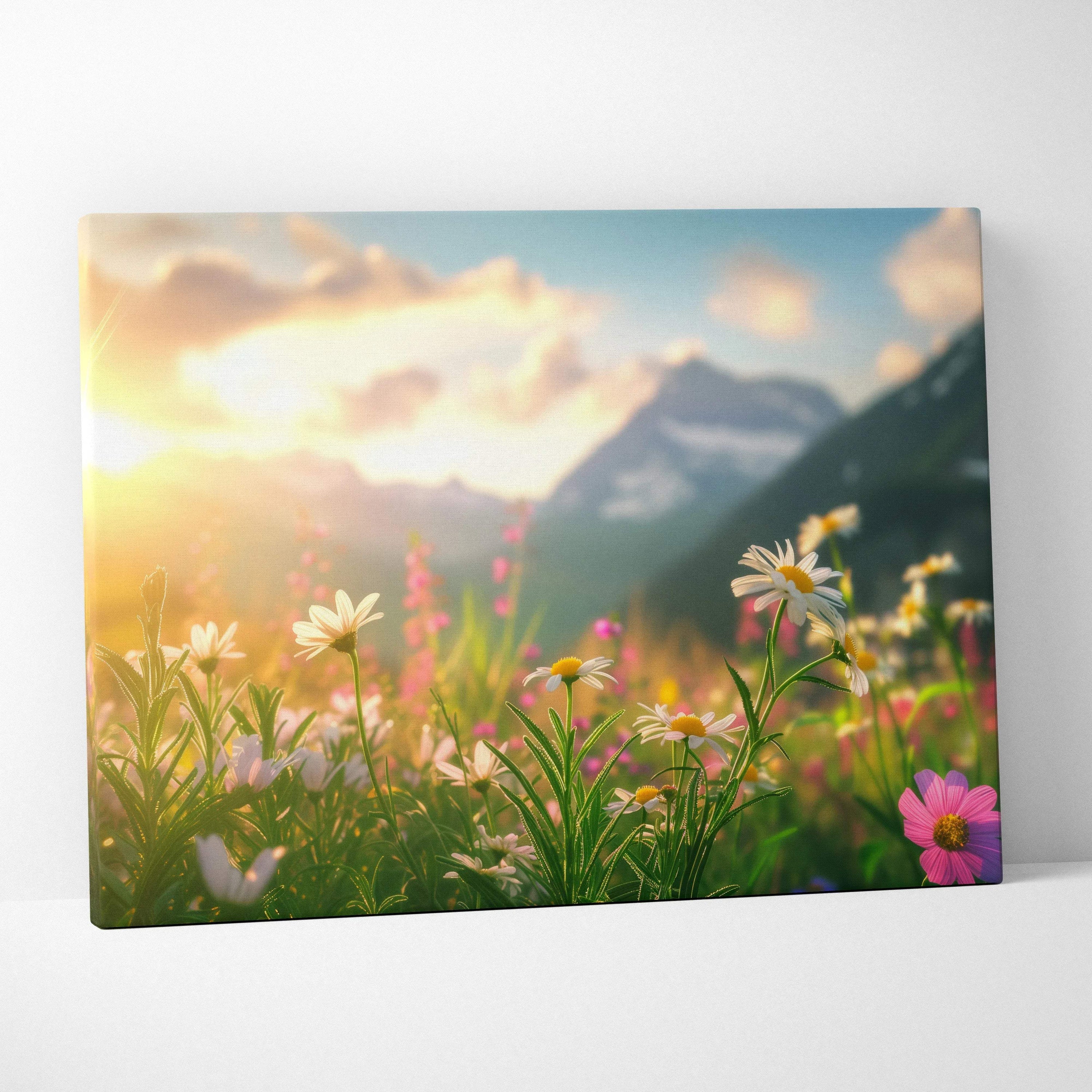 Canvas wall art featuring vibrant daisy flowers in a sunlit meadow with majestic mountains and sunset sky background.