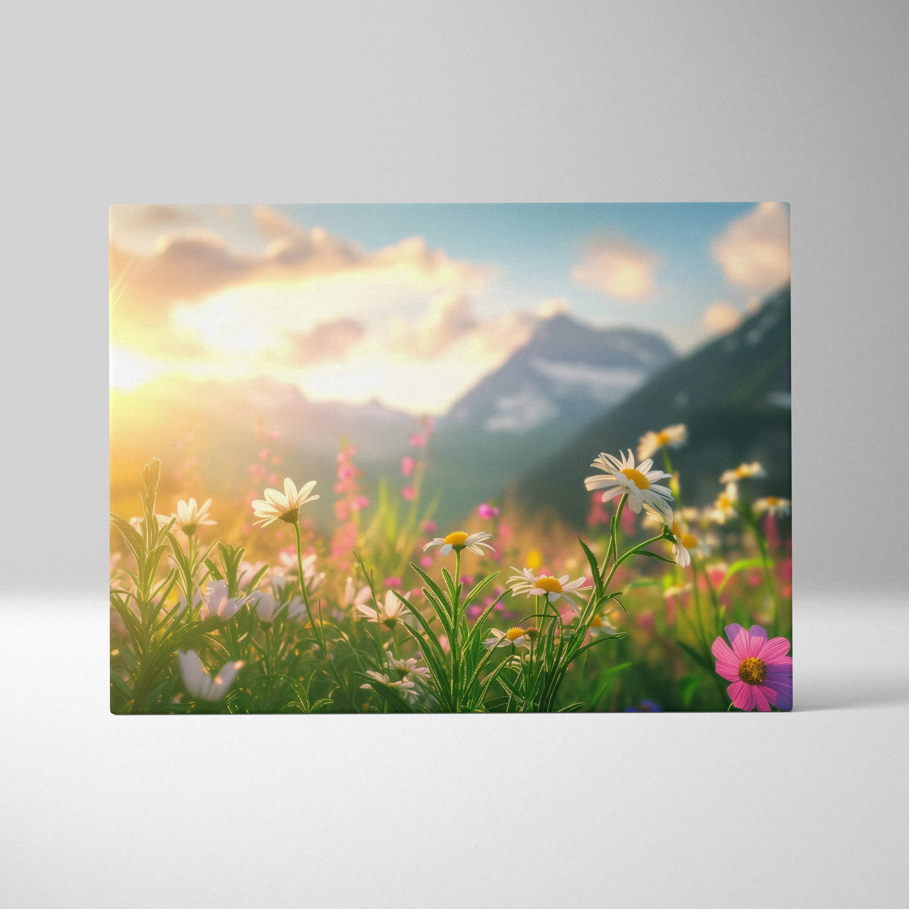 Canvas wall art featuring vibrant daisies and wildflowers with a sunset and majestic mountains backdrop.