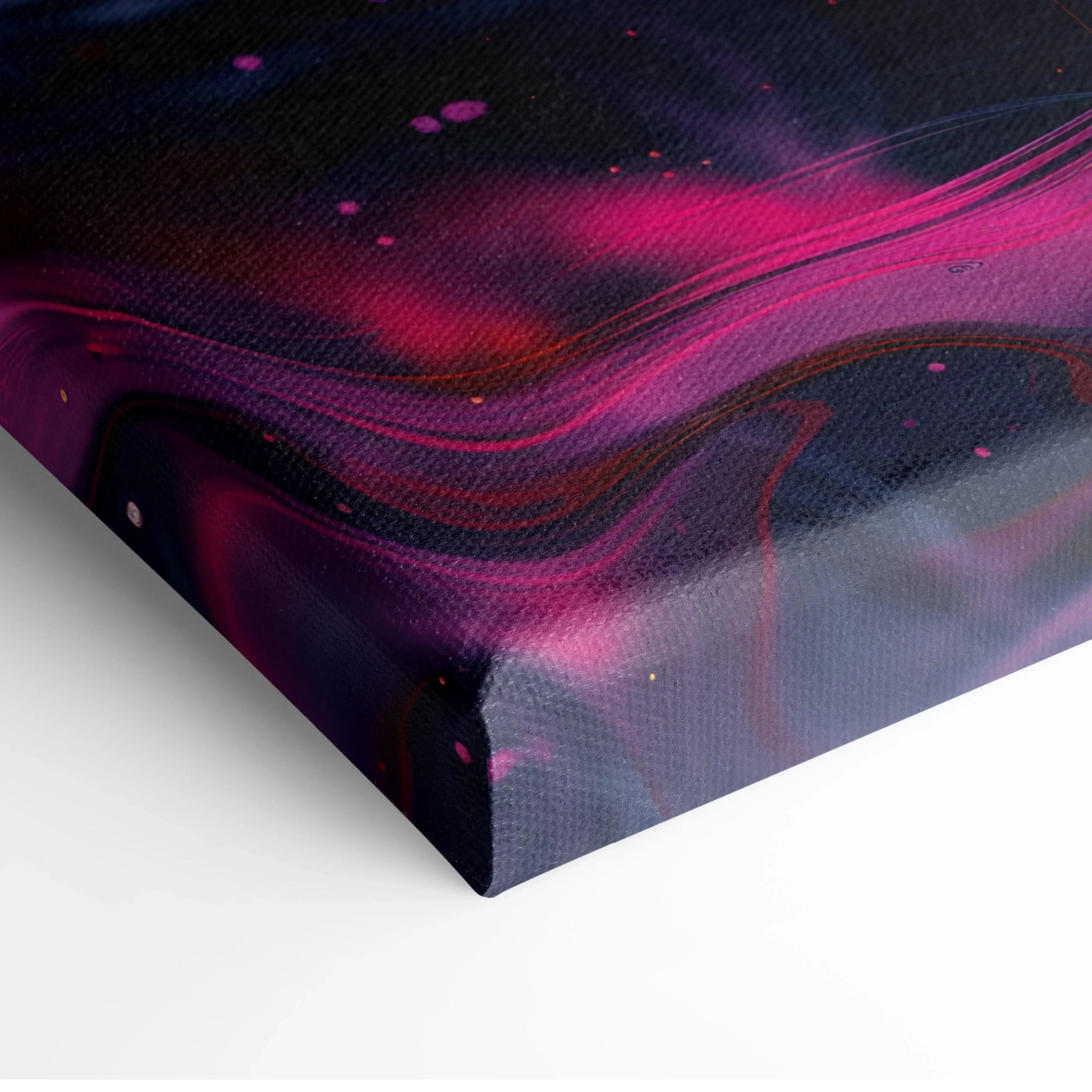 Abstract digital canvas art with vibrant pink and purple swirls on dark background wall art.