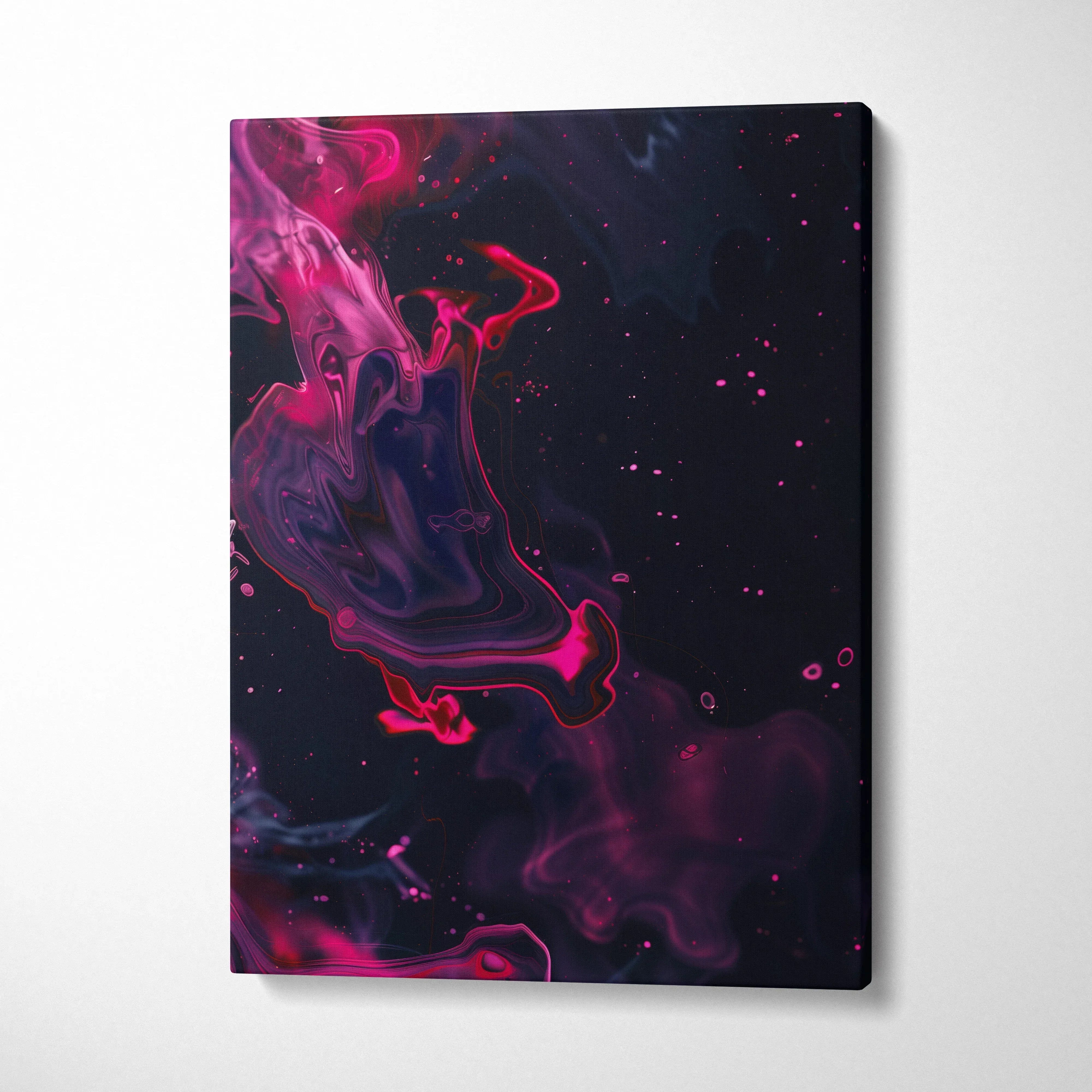 Abstract digital art canvas with swirling pink and purple hues on a dark background, vibrant wall art.