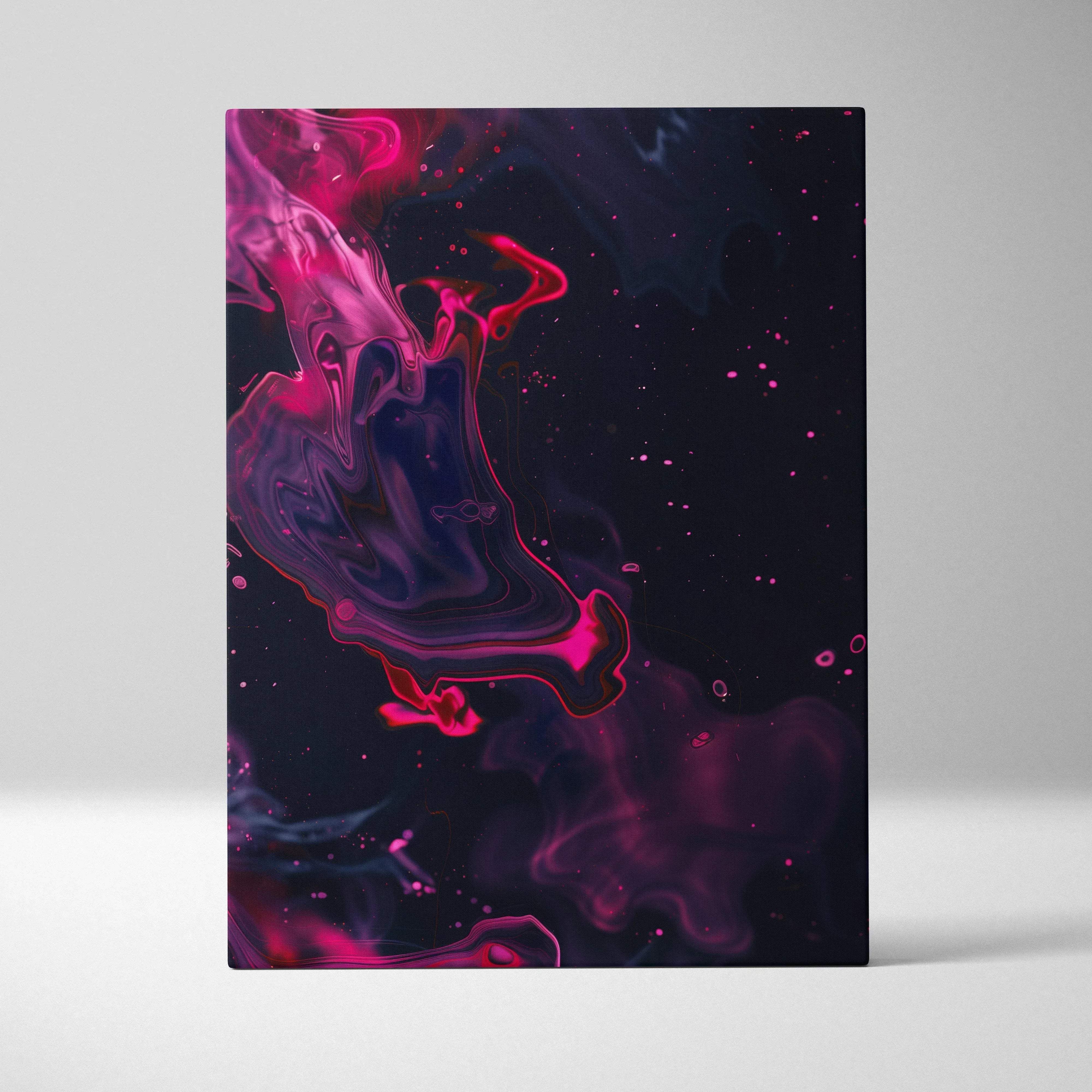 Abstract fluid swirls canvas wall art with vibrant pink and purple glossy paint patterns on dark background for living room decor