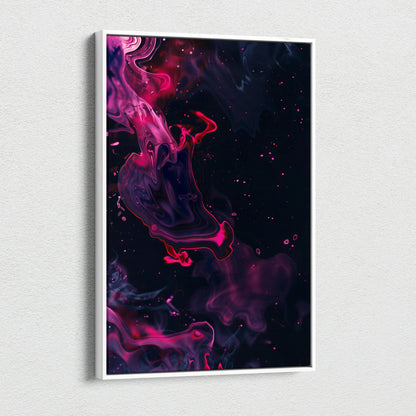 Abstract vibrant pink and purple digital art on black canvas wall art with swirling smoke effect.