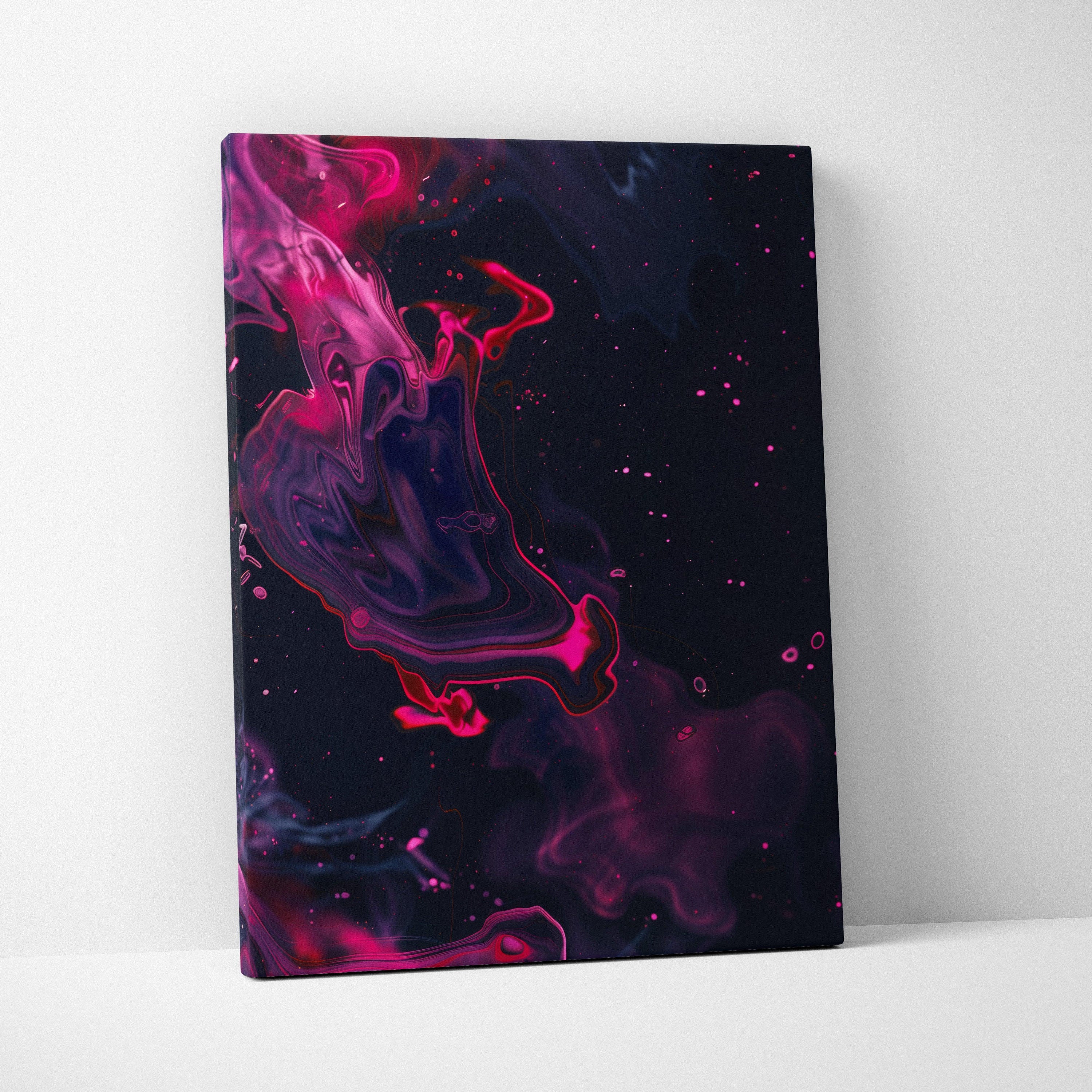 Abstract digital canvas wall art featuring vibrant pink and purple swirls on a dark background.