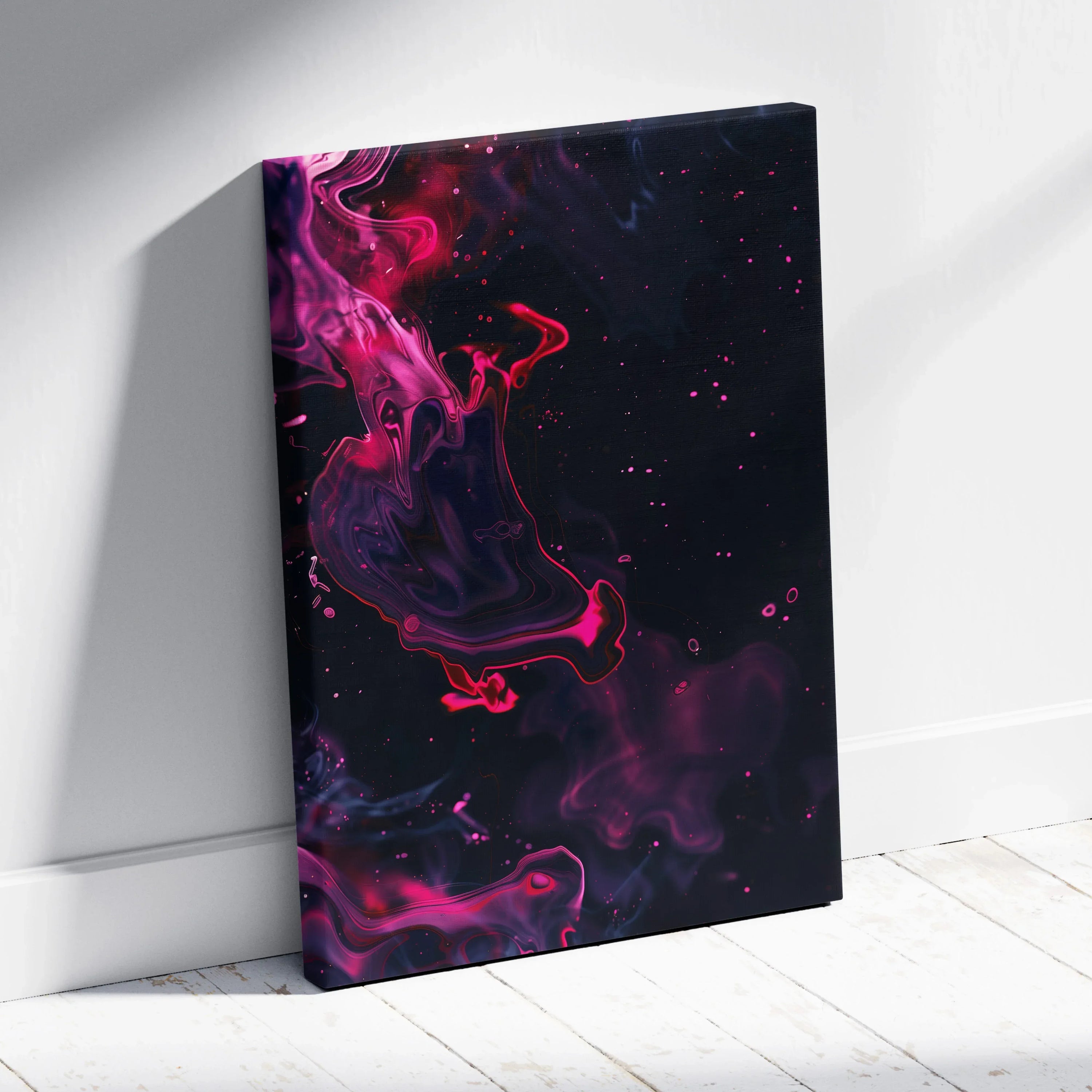 Vertical canvas art with vibrant pink and purple abstract swirls on a black background wall art.