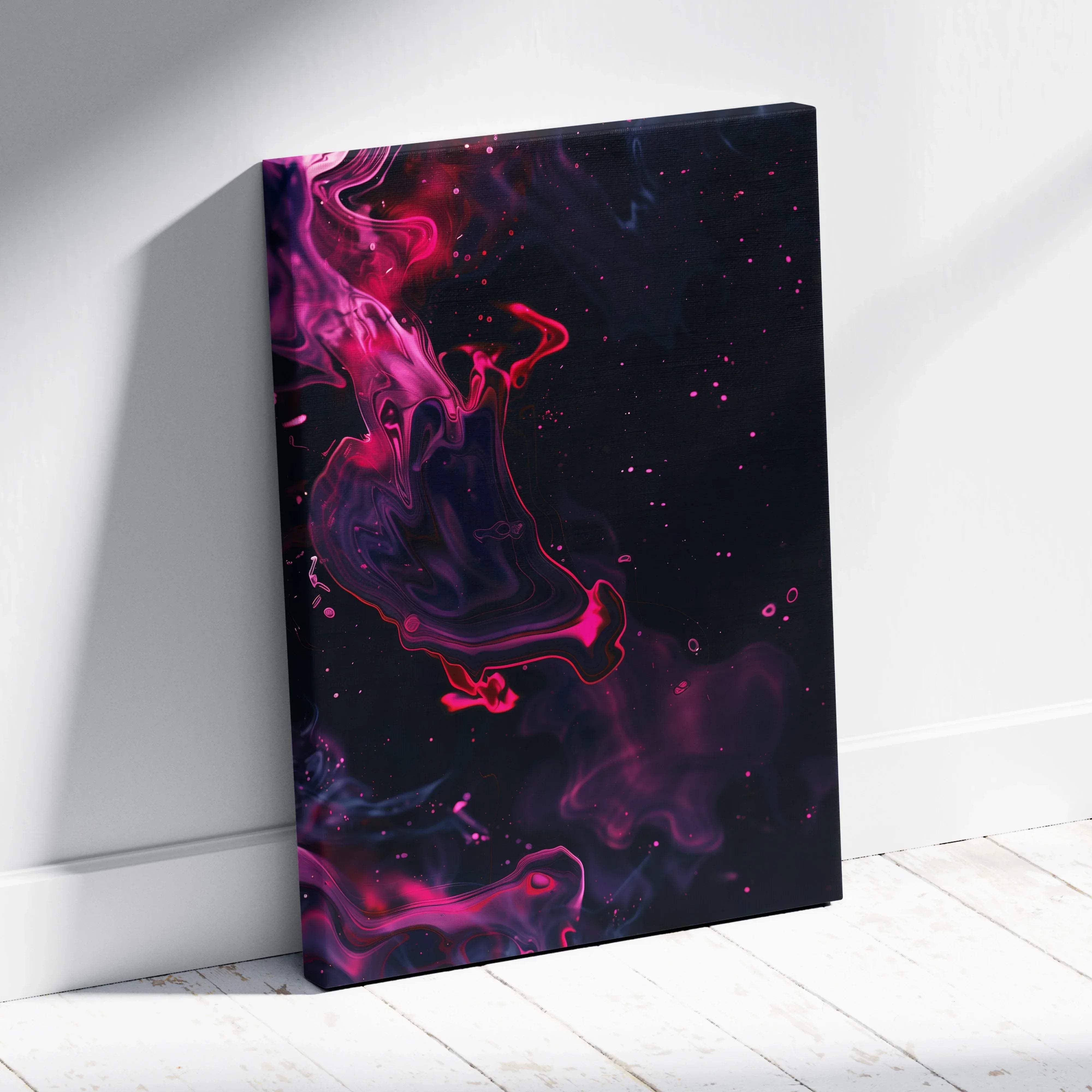 A vibrant abstract fluid swirls canvas wall art in pink and purple with star-like speckles for modern living room decor