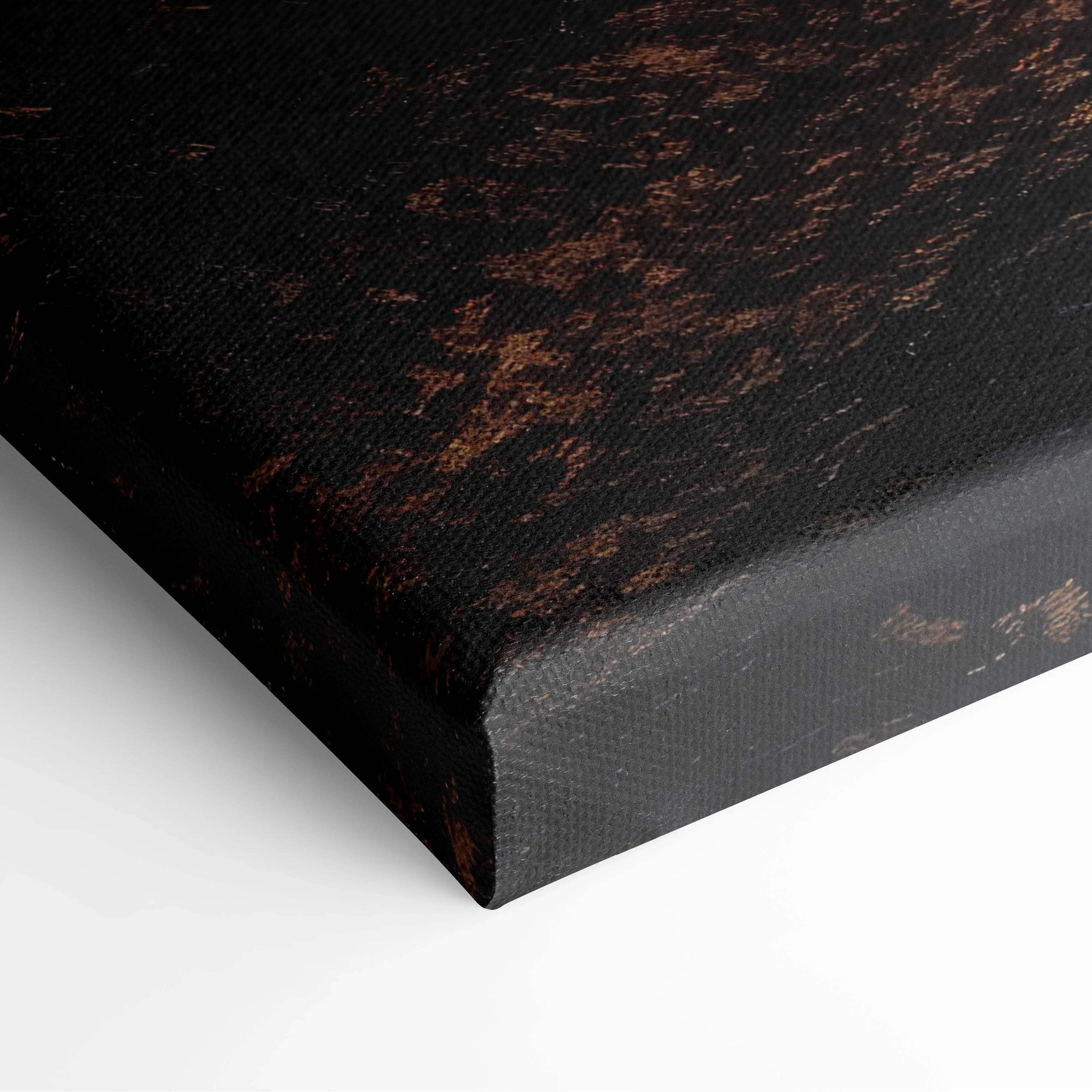 Dark canvas wall art featuring layered silhouettes of trees with mist and fog effects in deep black and brown tones.