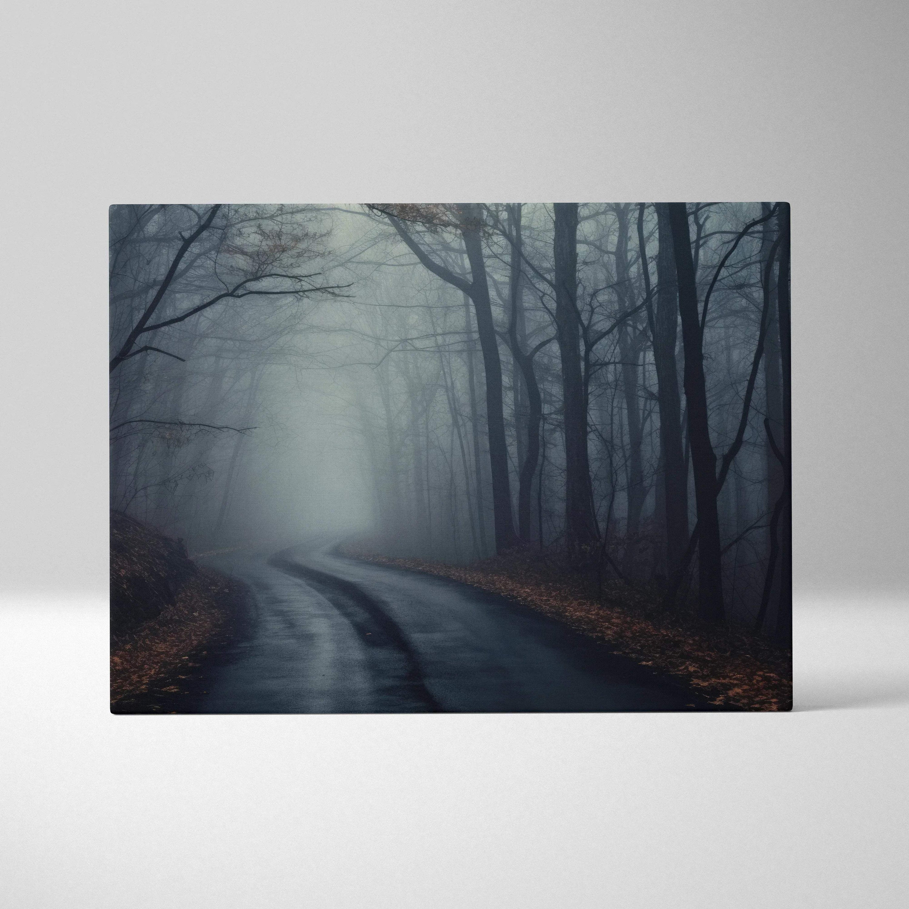 Dark foggy forest canvas wall art with winding path, layered trees, and mist decor.