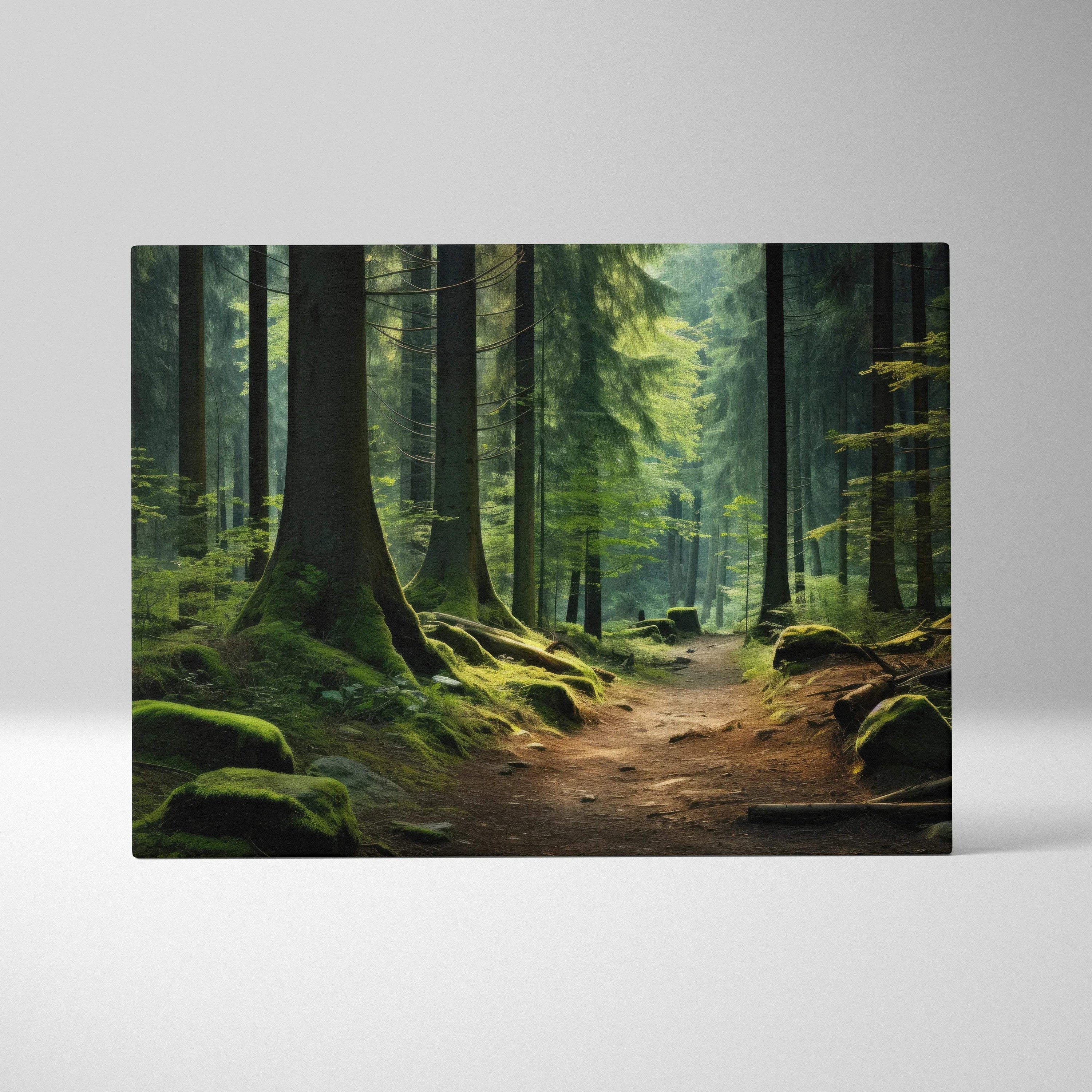 Forest trail with lush green trees and sunlight filtering through canvas wall art decor.