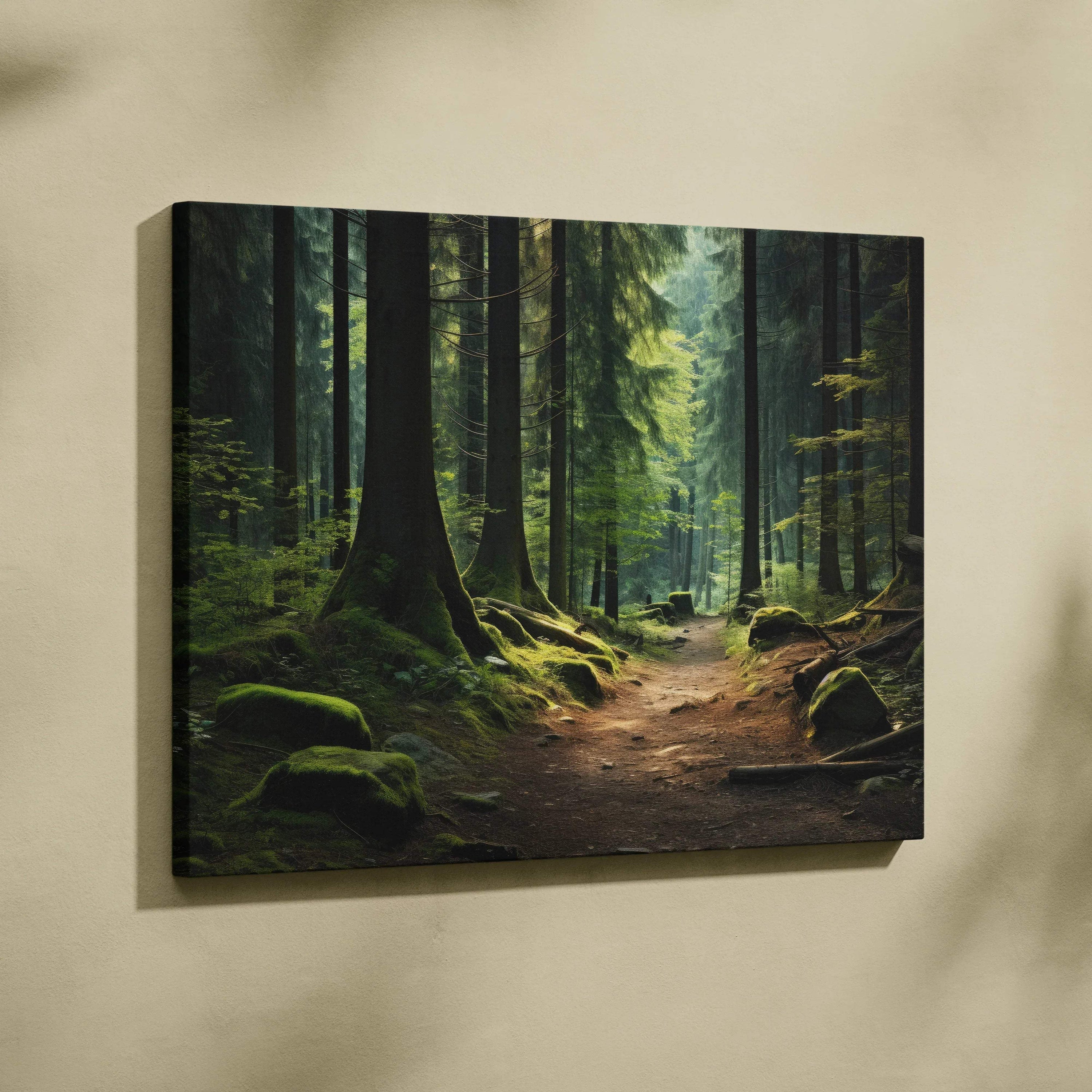 Canvas wall art featuring a lush forest path with tall trees and soft natural light decor.