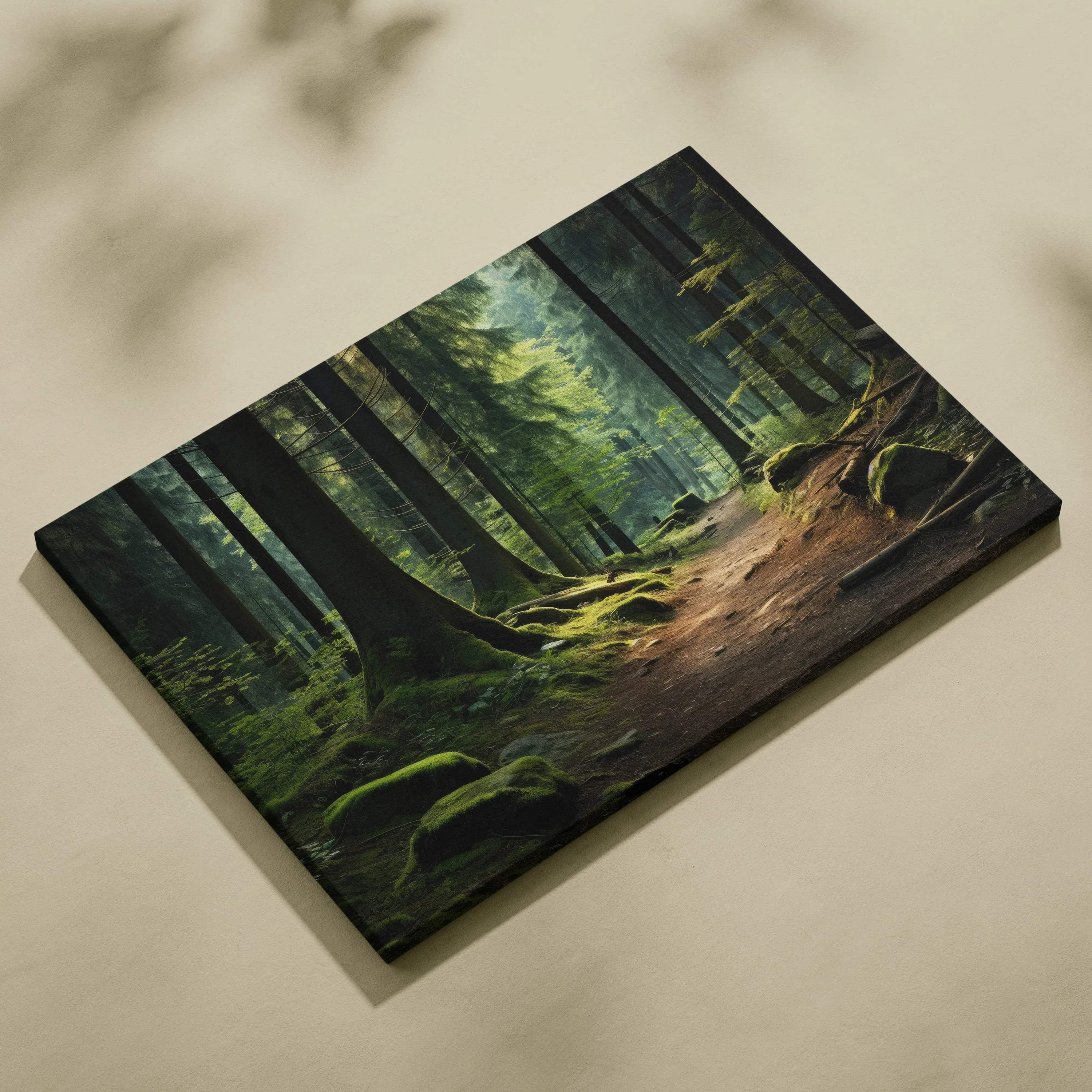 Forest scene canvas wall art with lush green trees and sunlight, natural decor.
