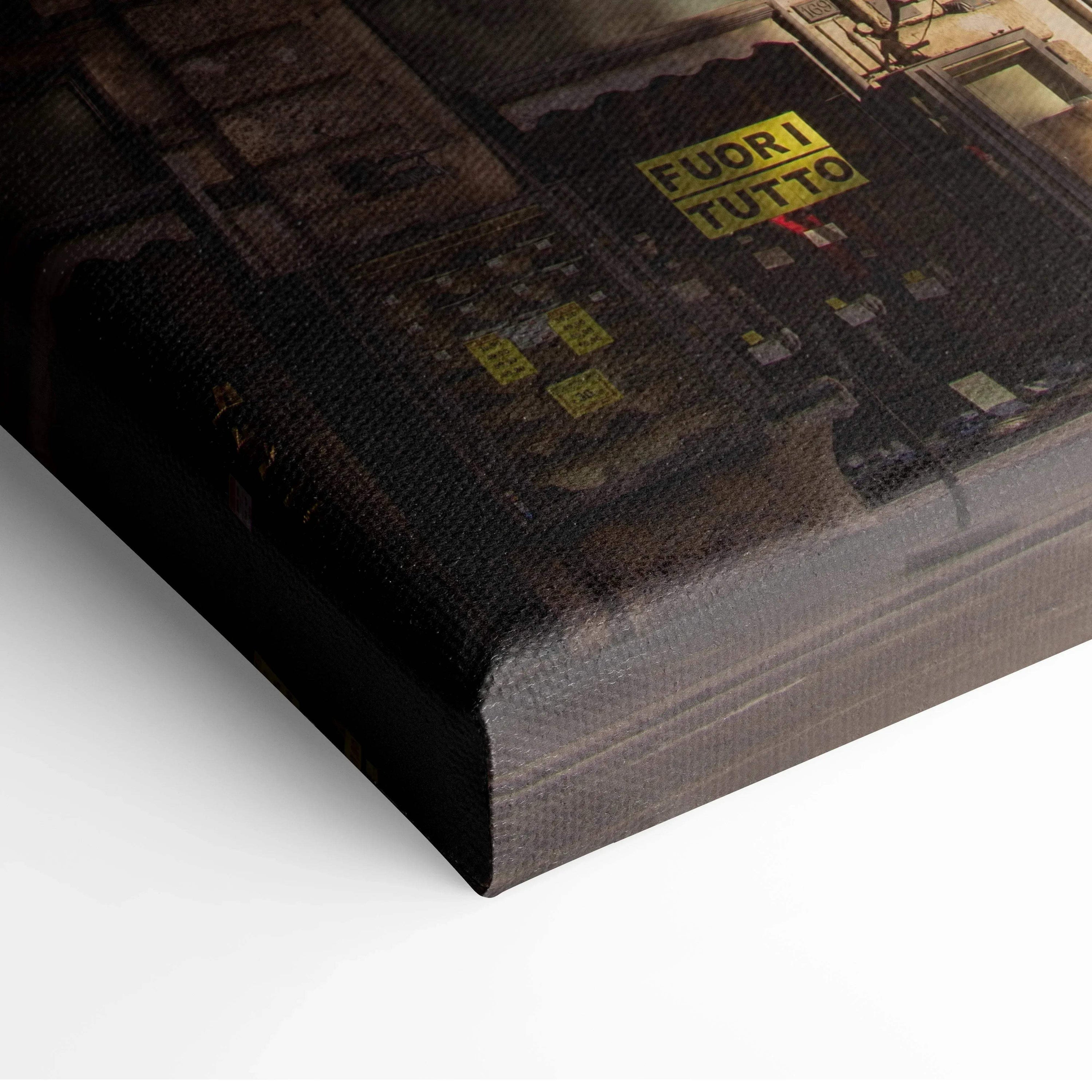Dark urban building detail on textured canvas wall art with moody lighting and yellow signage.