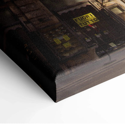 Dark urban building detail on textured canvas wall art with moody lighting and yellow signage.
