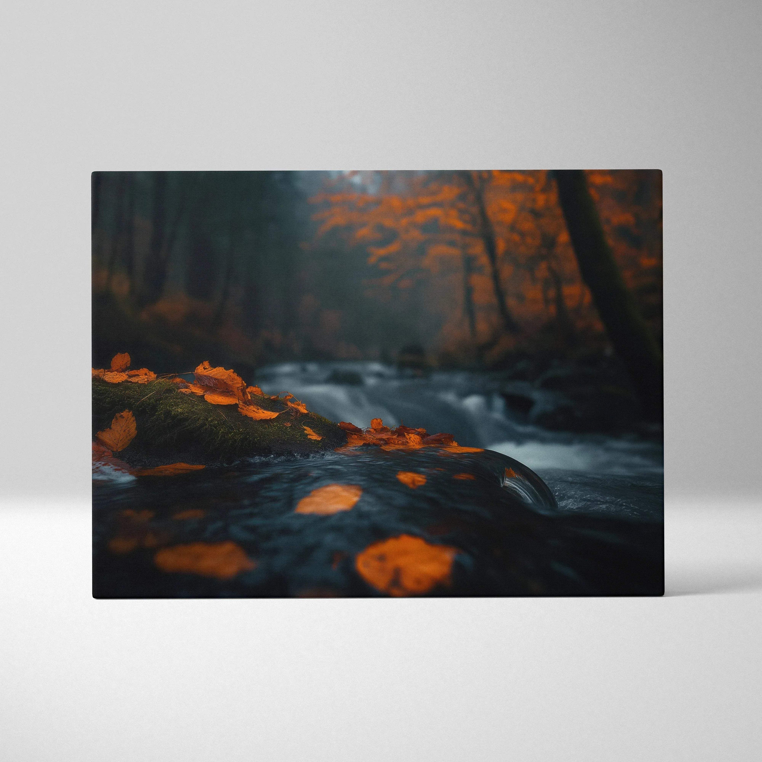 Canvas art of serene forest stream with golden autumn leaves and soft light wall art.