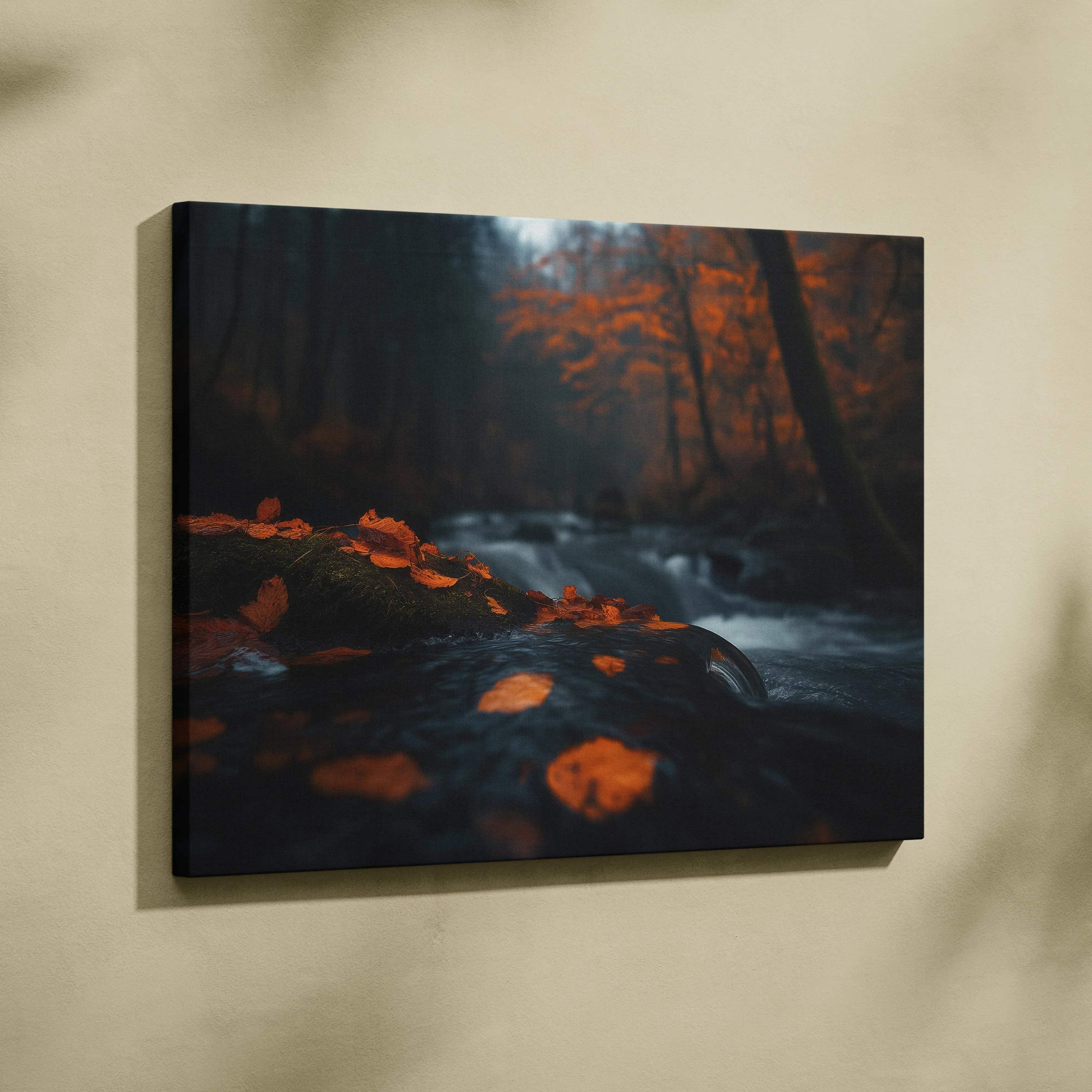 Autumn forest canvas wall art with golden leaves and dark serene stream scene.