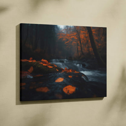 Autumn forest canvas wall art with golden leaves and dark serene stream scene.