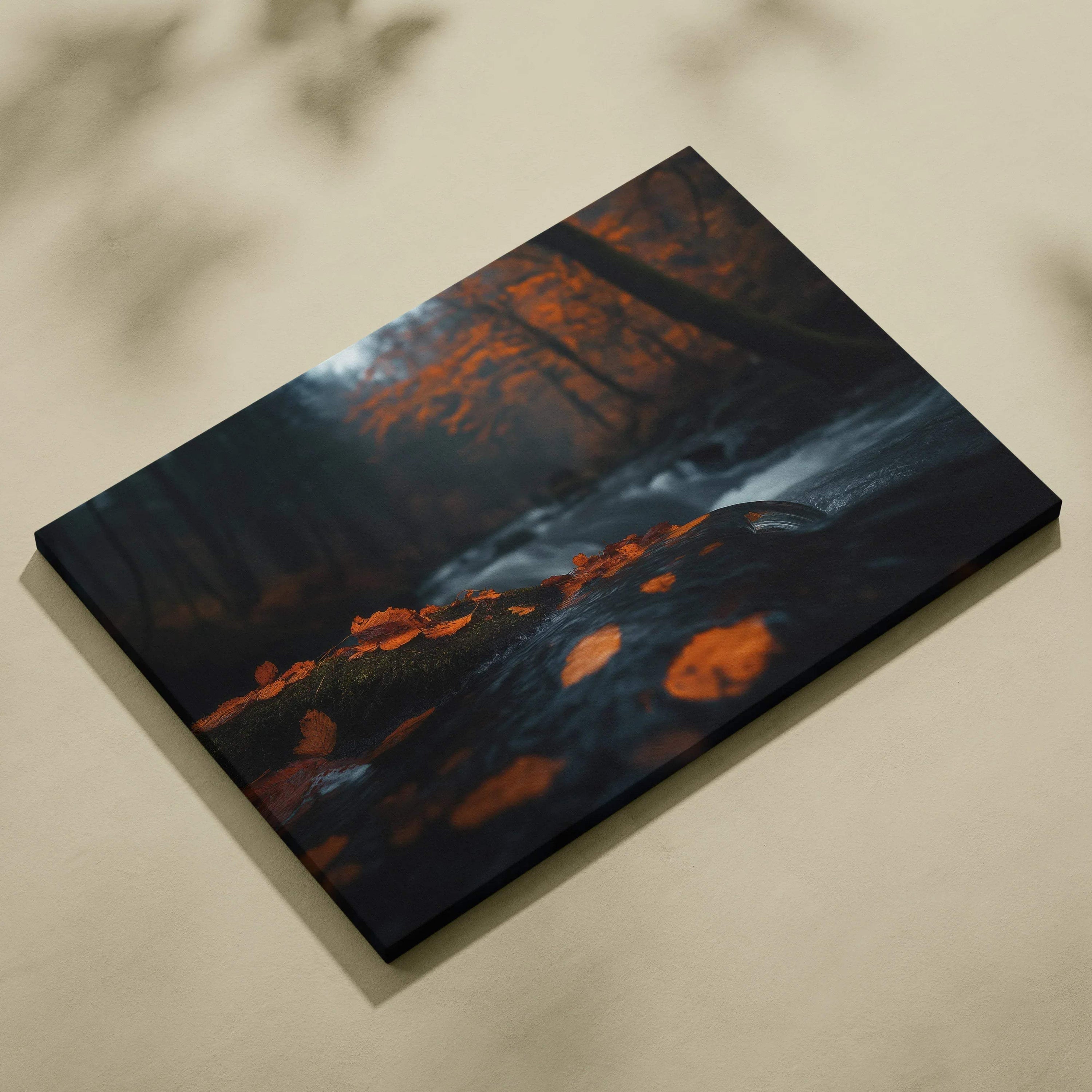 Autumn forest scene canvas art with golden leaves and serene dark river flowing wall art.