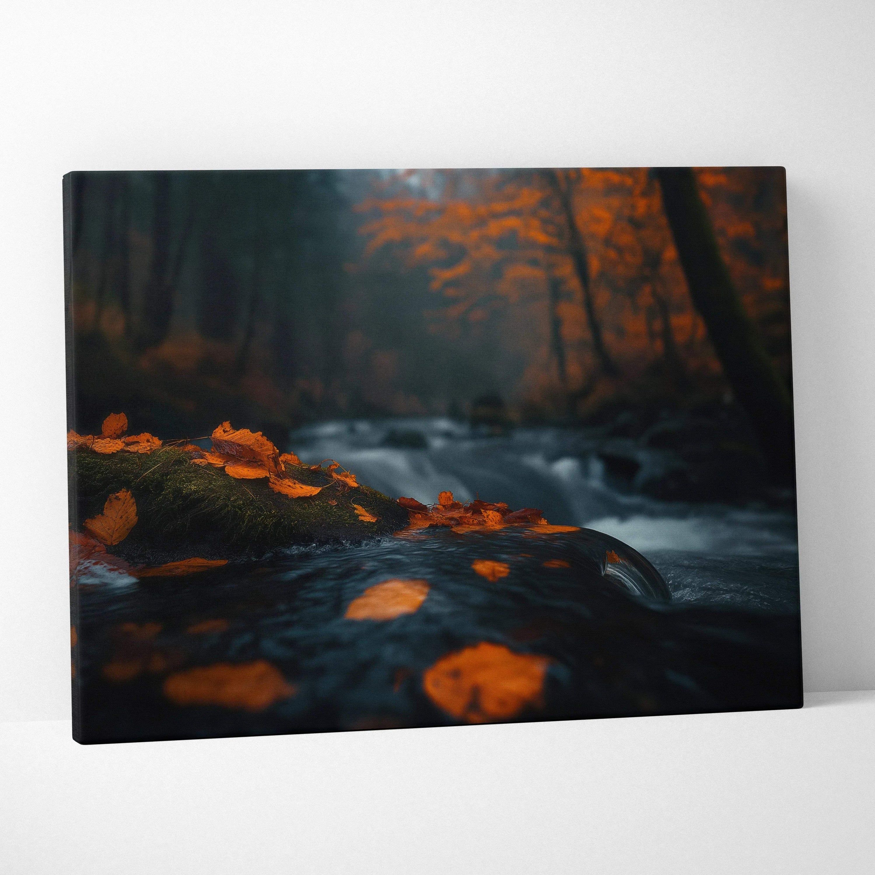 Autumn forest digital art canvas wall art with golden leaves and flowing stream.
