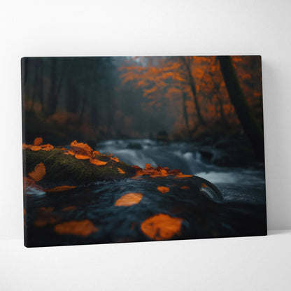 Autumn forest digital art canvas wall art with golden leaves and flowing stream.