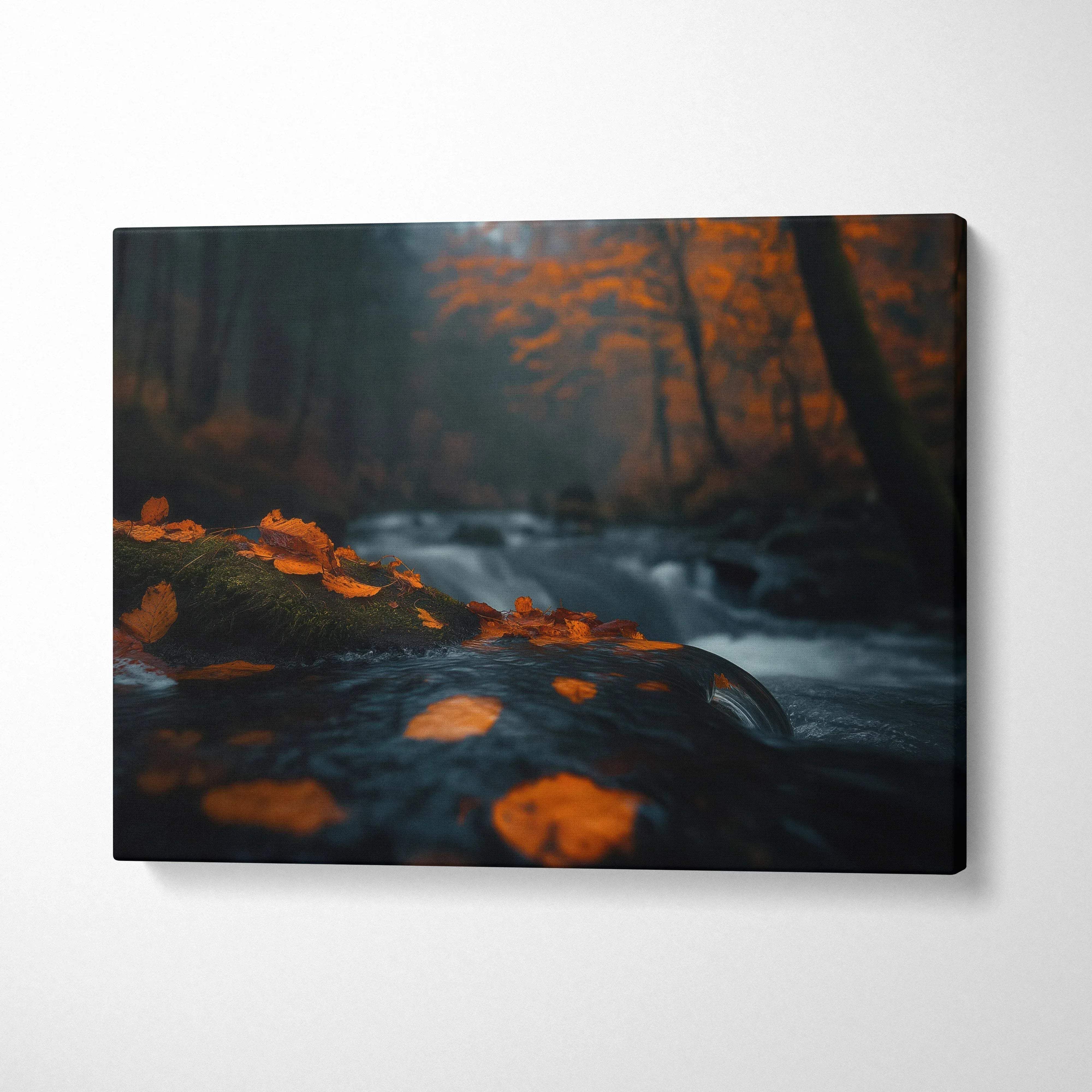 Autumn forest digital art canvas with golden leaves and flowing stream wall art.