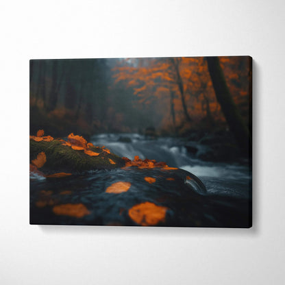 Autumn forest digital art canvas with golden leaves and flowing stream wall art.