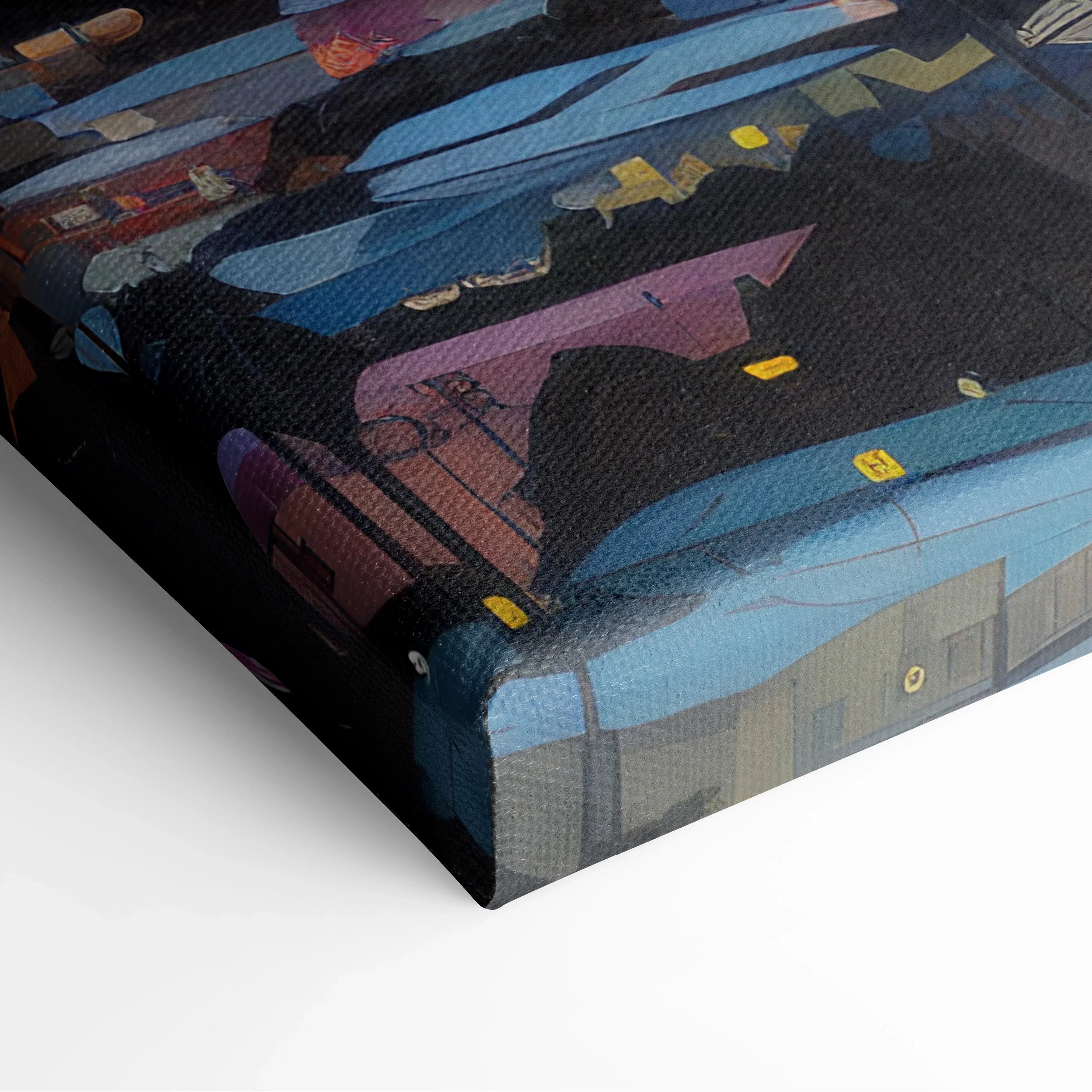 Close-up of colorful abstract cityscape canvas art with geometric shapes and vivid blue, purple, and yellow tones on.