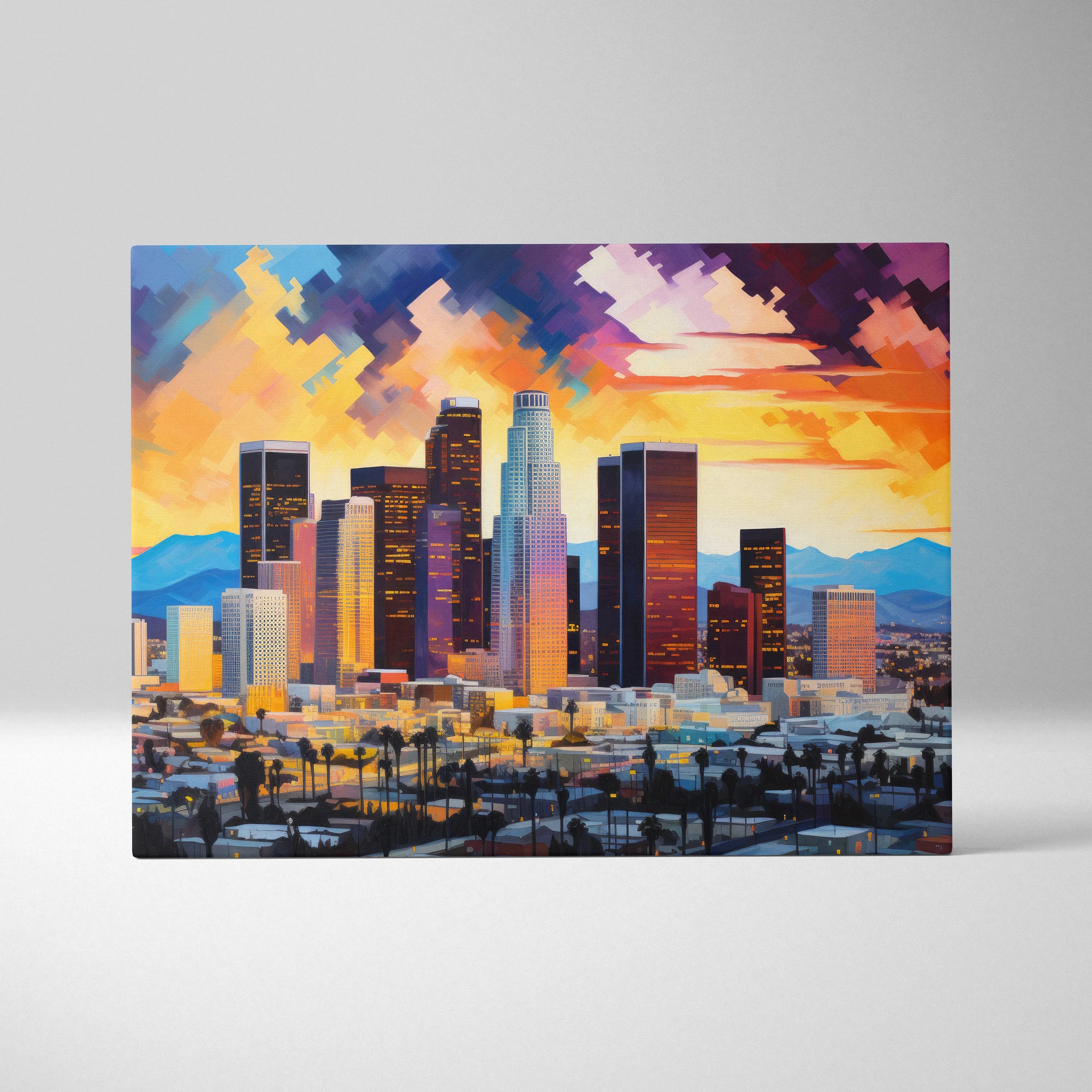 Vibrant abstract digital canvas art of Los Angeles cityscape with colorful geometric shapes and warm sunset tones.