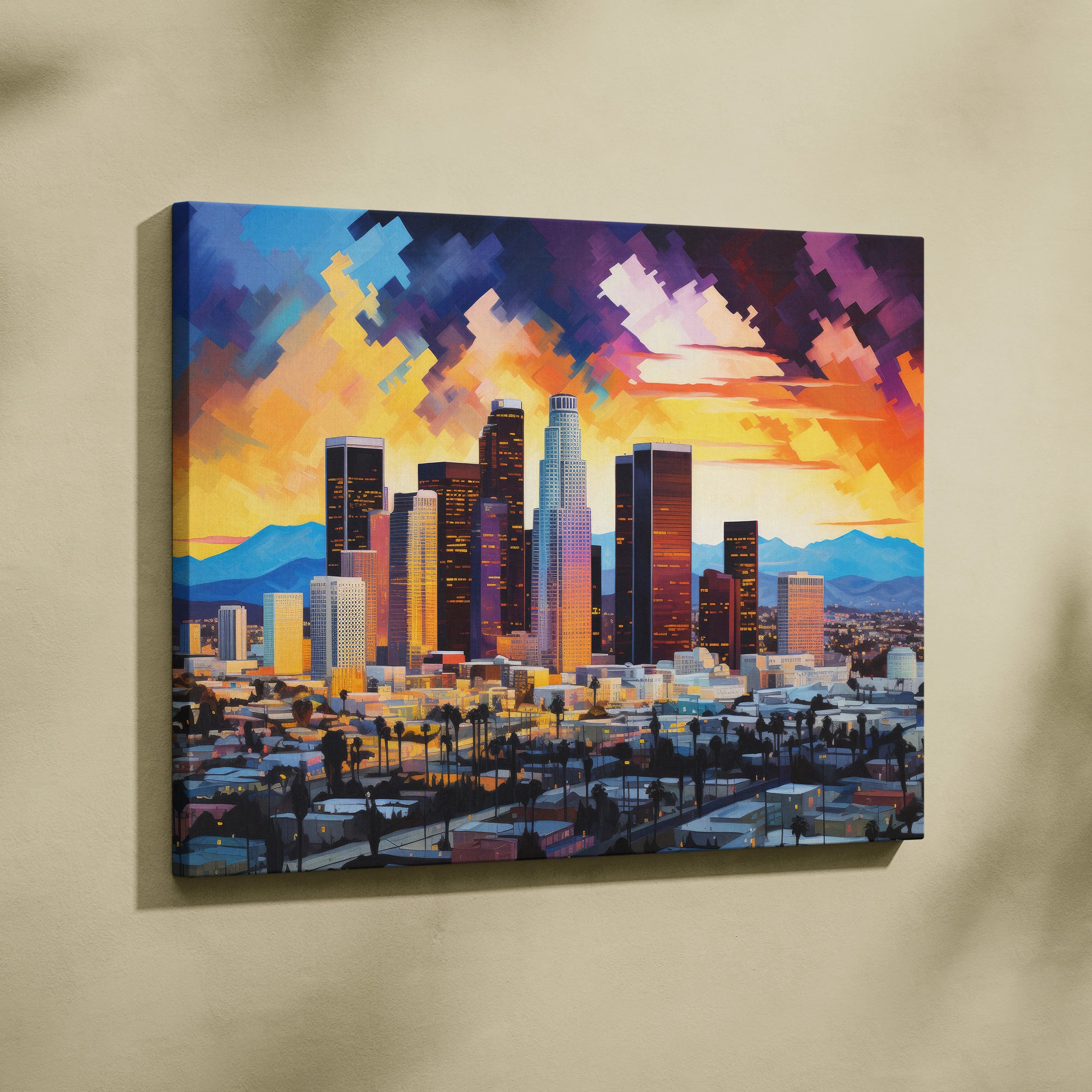 Colorful abstract digital canvas art of Los Angeles skyline with vibrant sunset and geometric shapes.
