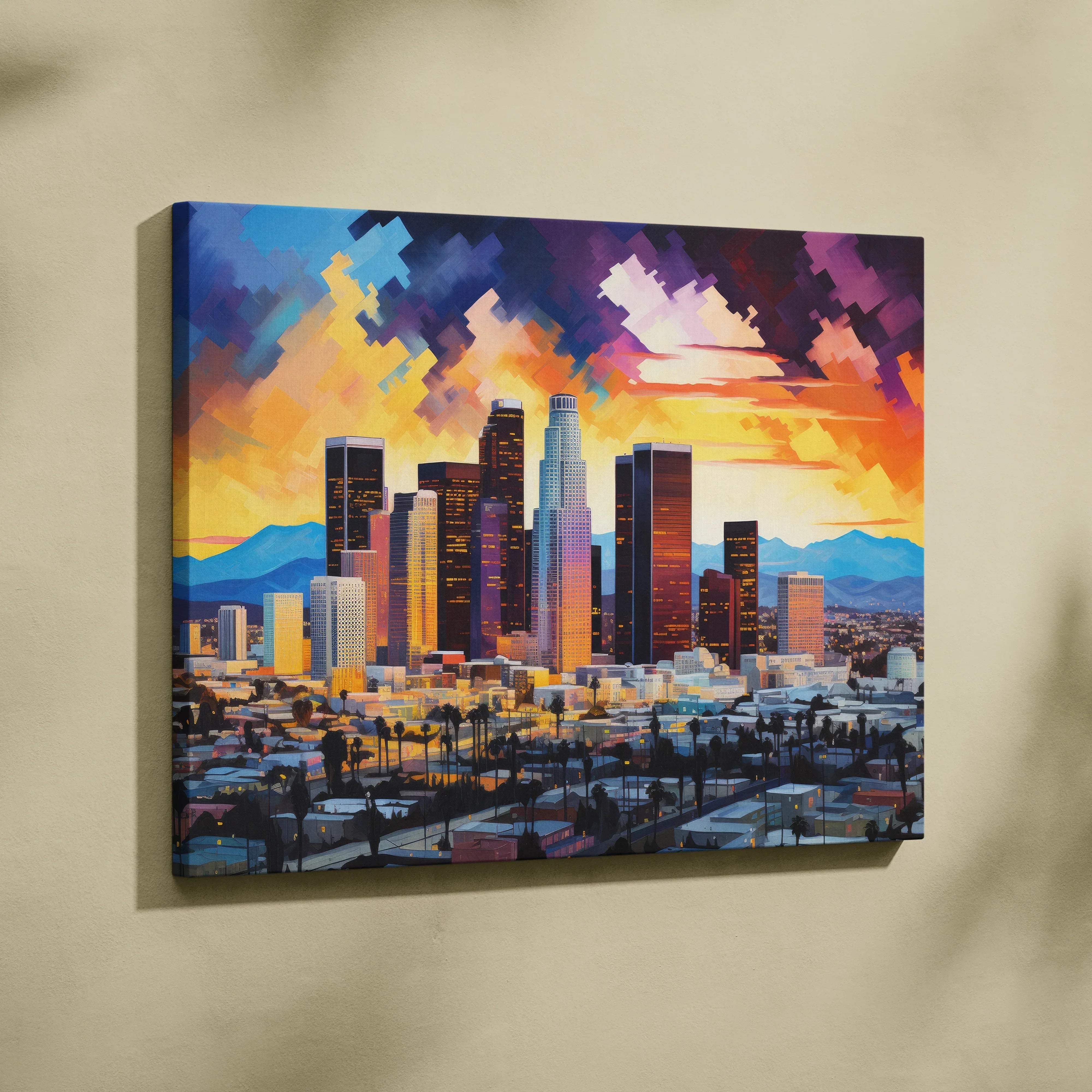 Vibrant pixelated canvas wall art of los angeles skyline at sunset with bold orange and purple clouds for modern living rooms