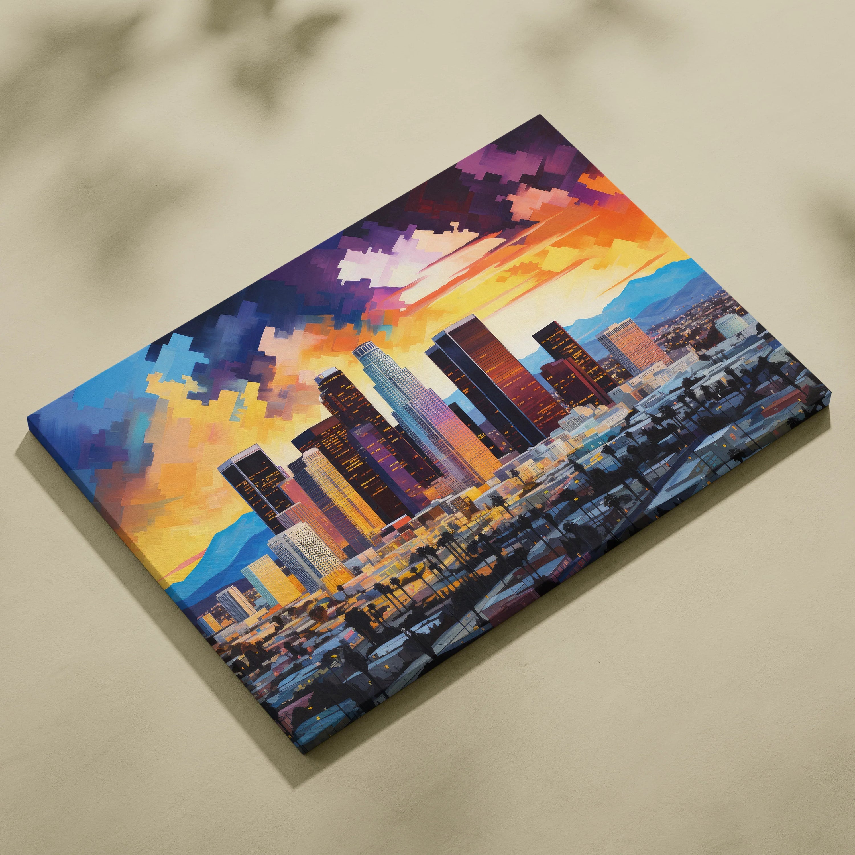Vibrant abstract cityscape canvas art featuring colorful Los Angeles skyline at sunset with bold geometric shapes and.