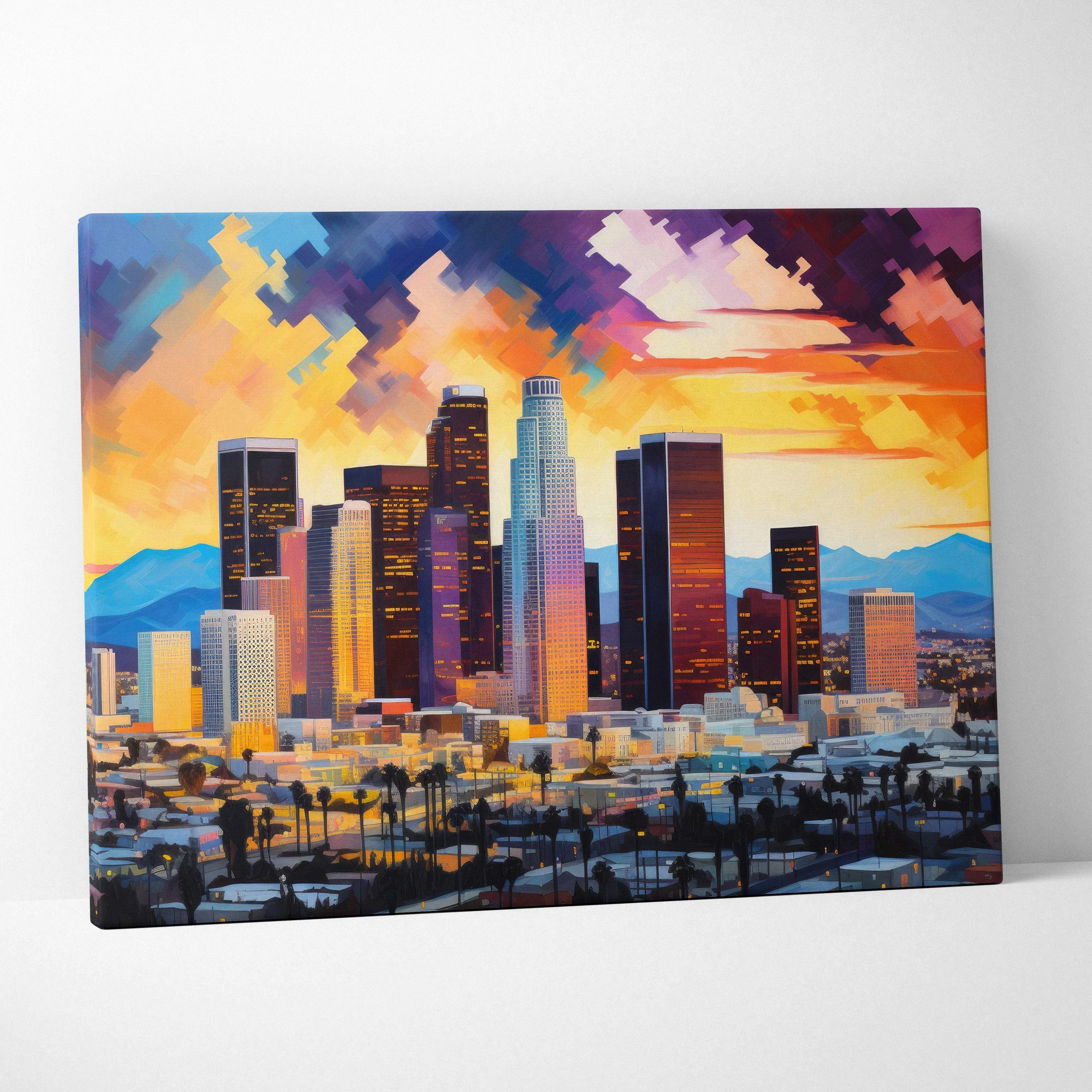 Vibrant pixelated canvas wall art of los angeles skyline at sunset with bold orange and purple clouds for modern living rooms