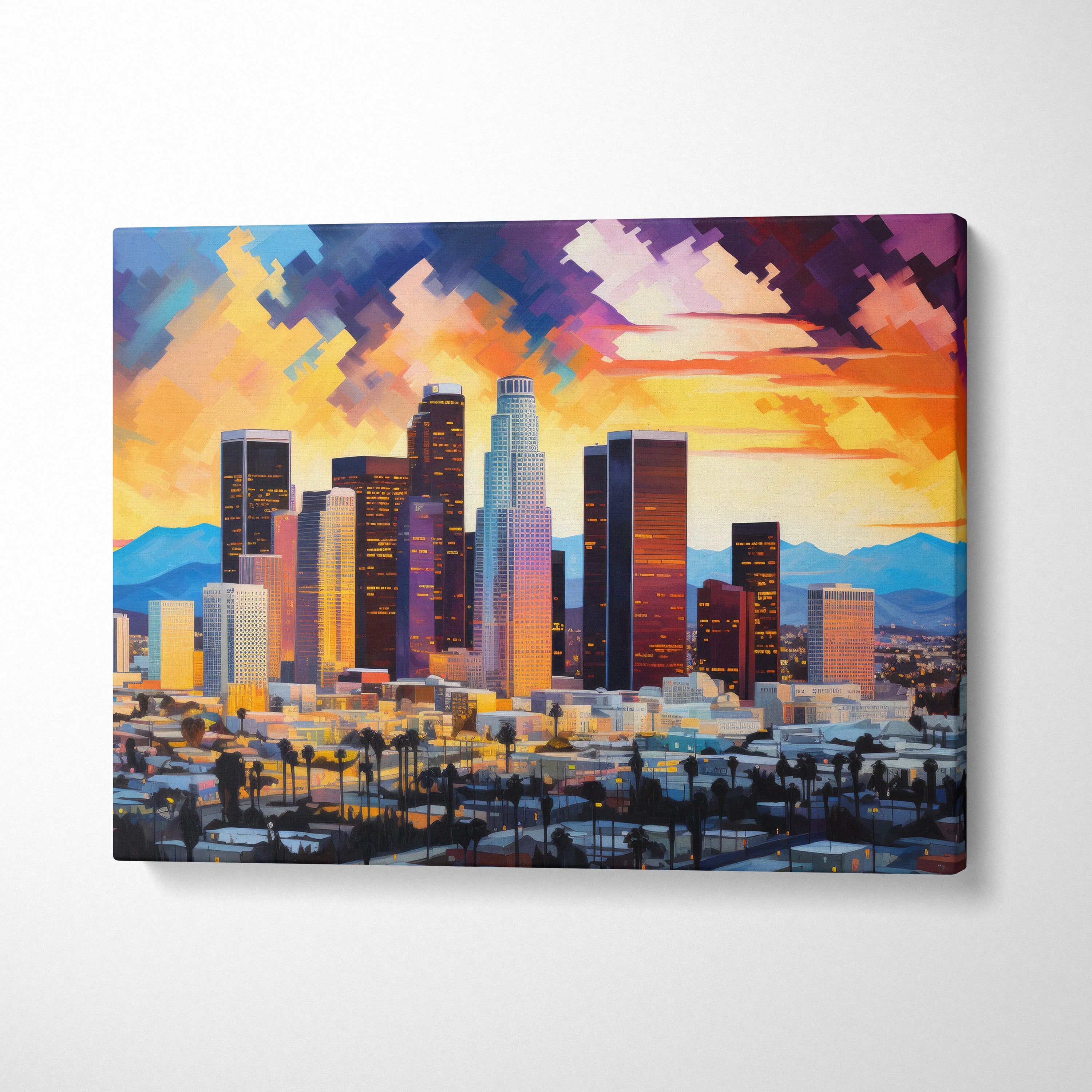 Vibrant abstract digital canvas art showing Los Angeles cityscape at sunset with colorful sky and skyscrapers.