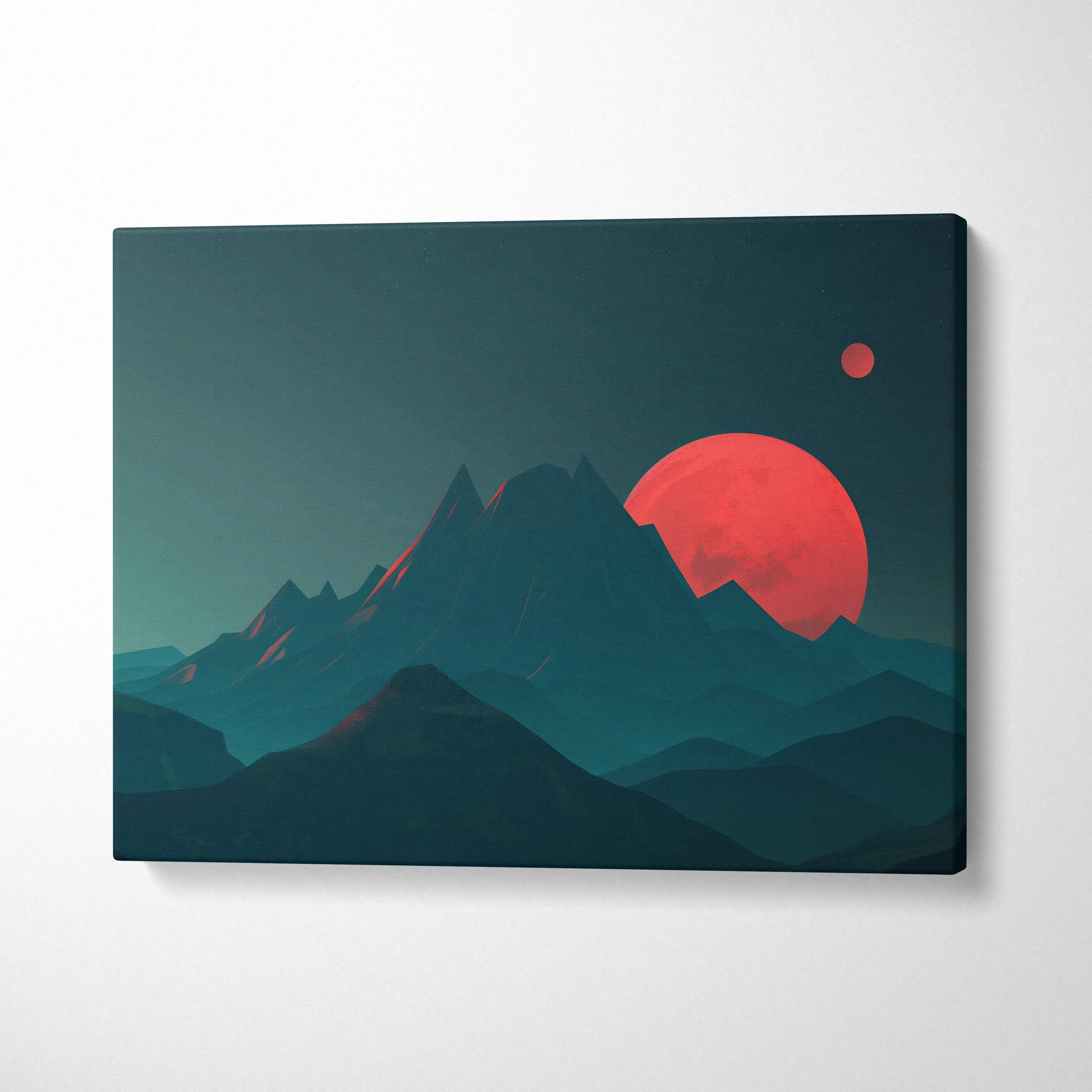 Surreal mountain landscape canvas art with red sun over teal peaks