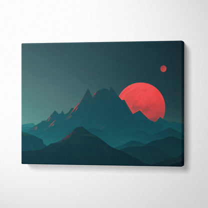 Surreal mountain landscape canvas art with red sun over teal peaks