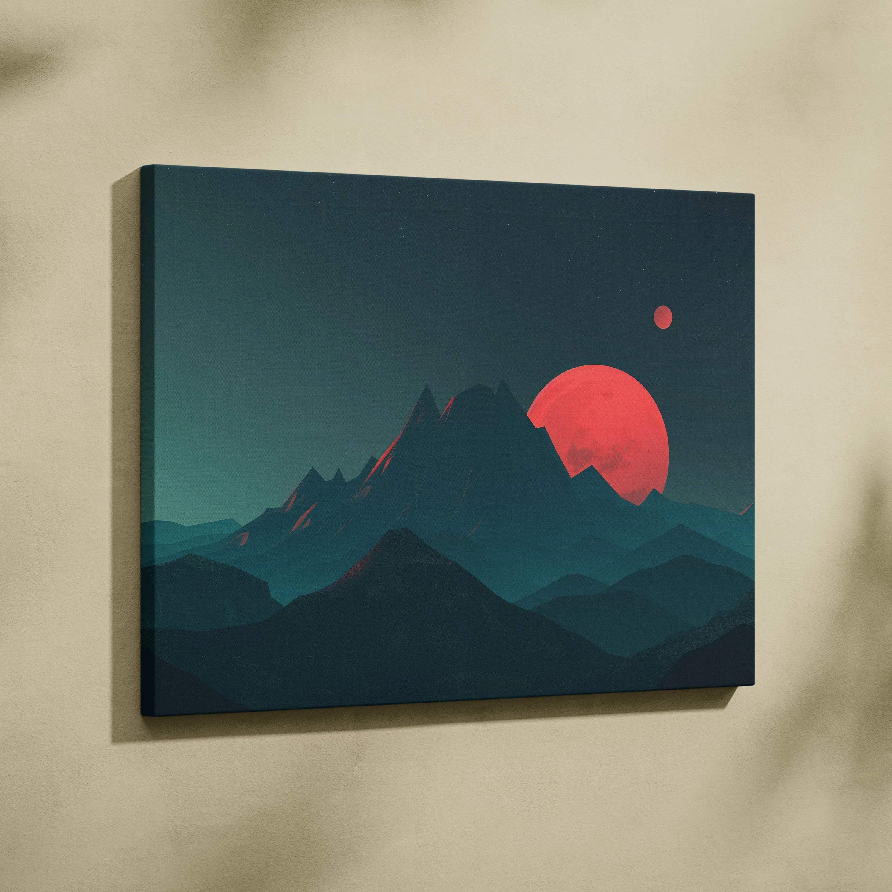 Canvas wall art of surreal teal mountain landscape with red sun over peaks