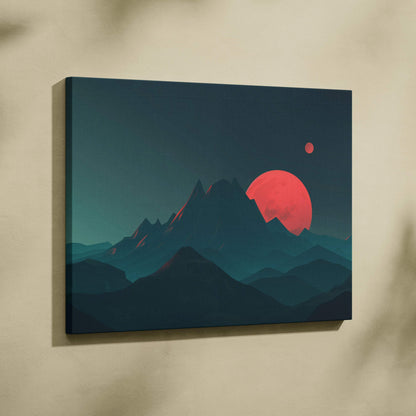 Canvas wall art of surreal teal mountain landscape with red sun over peaks