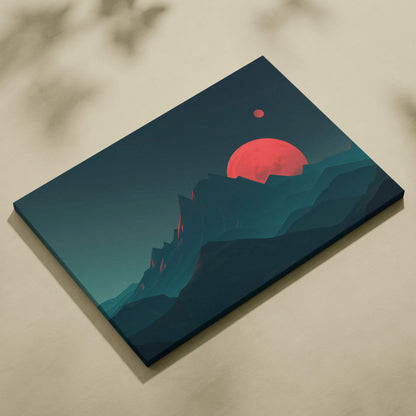 Canvas wall art of surreal teal mountain peaks with red sun sunset