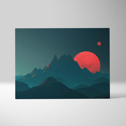Surreal mountain landscape canvas art with red sun over teal peaks
