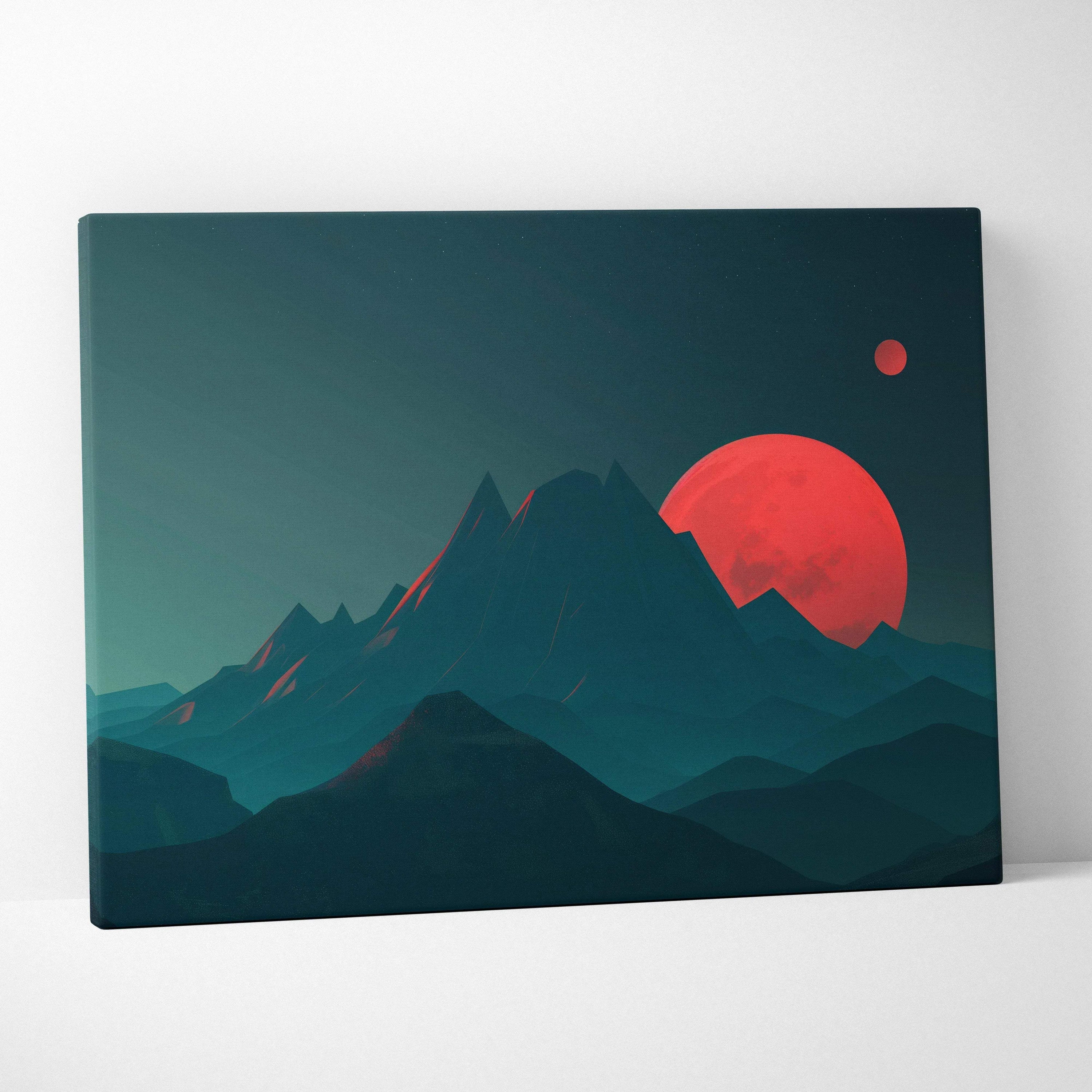 Surreal mountain landscape canvas art with red sun over teal peaks