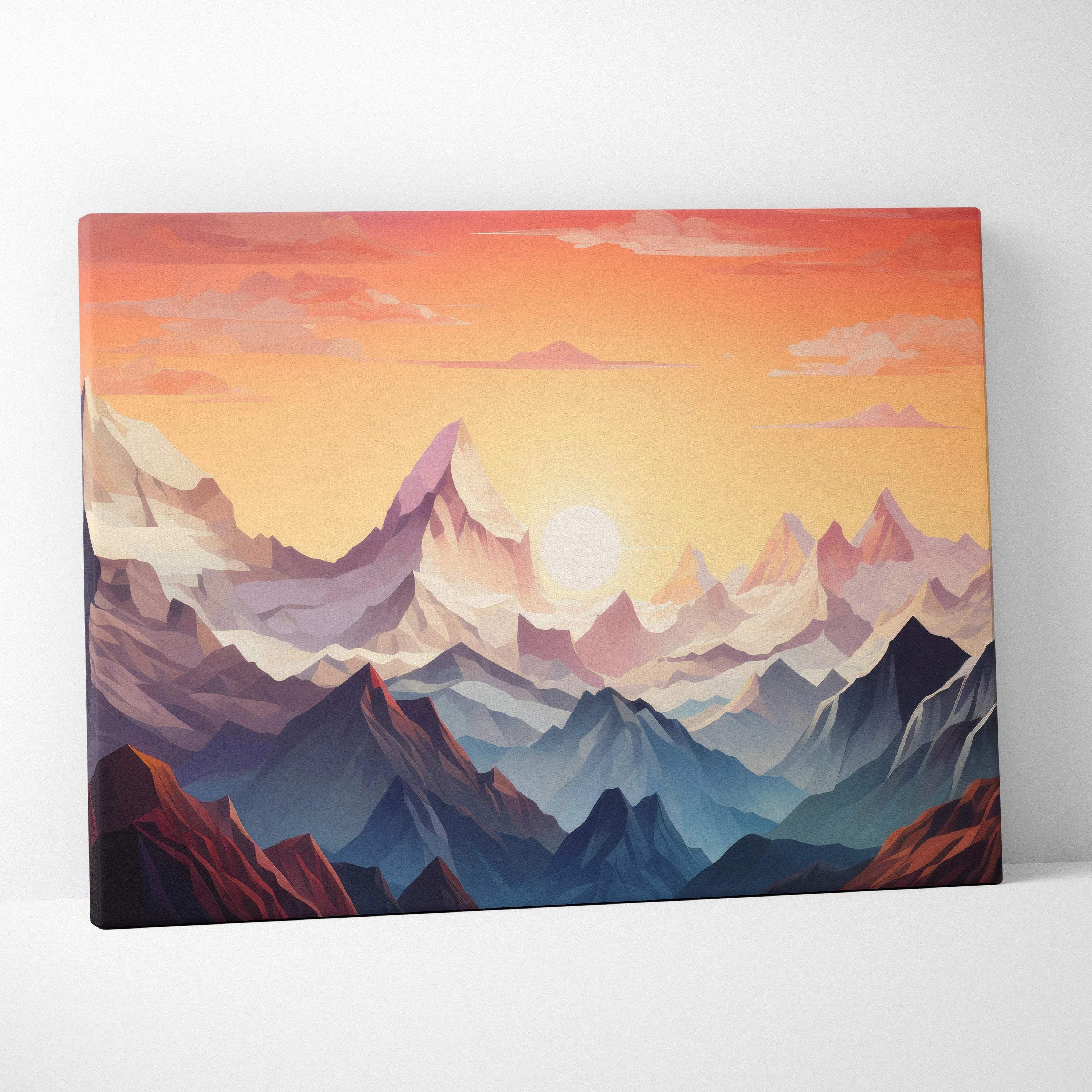 Geometric mountain range canvas wall art at sunset in warm tones